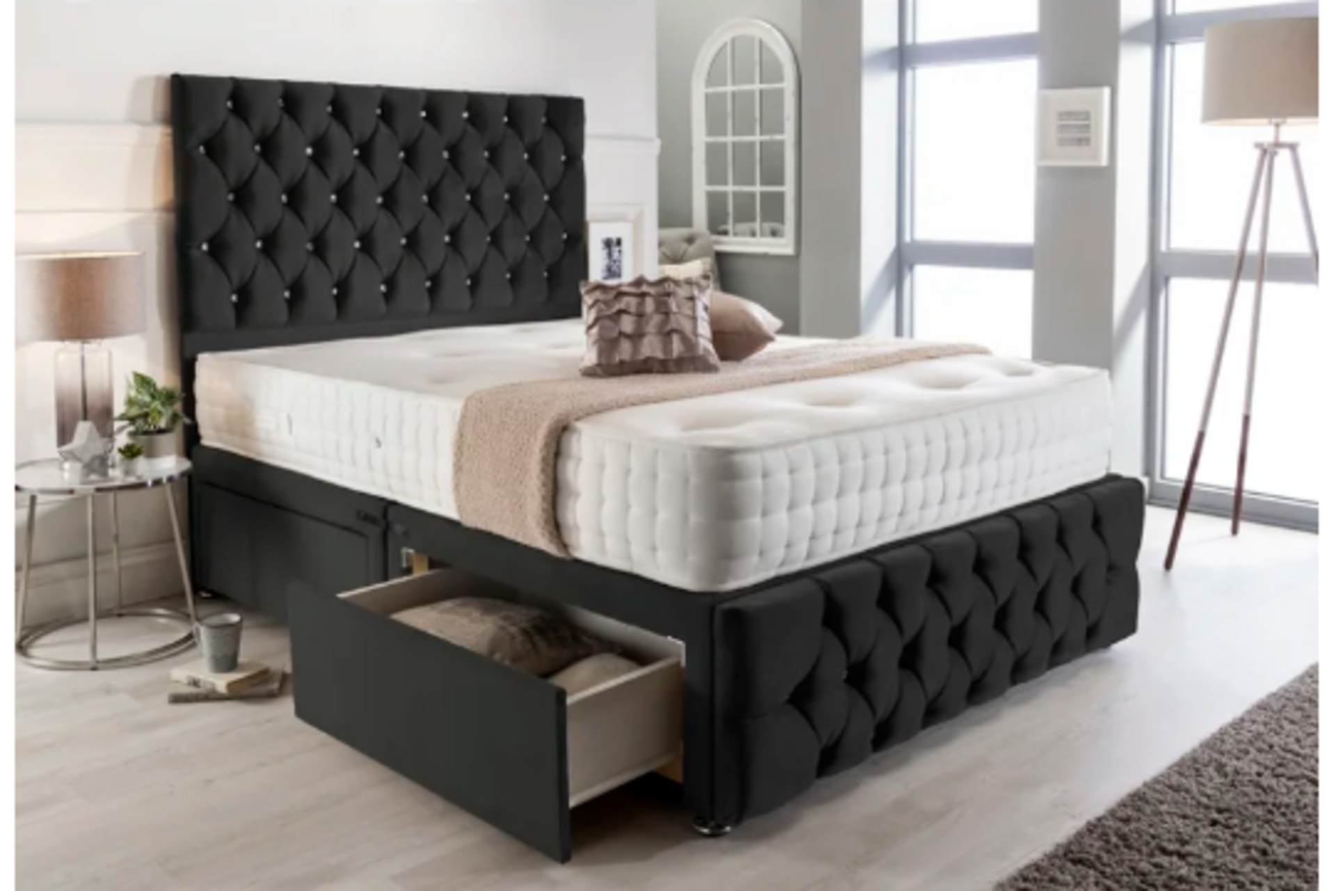 Mcintyre Luxury Suede Divan Bed. RRP £449.99. 5ft. The divan base is made from sturdy pine with a