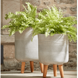 Two Geometric Etched Standing Planters - Taupe. RRP £250.00 - SR5. Etched with a cross hatch striped