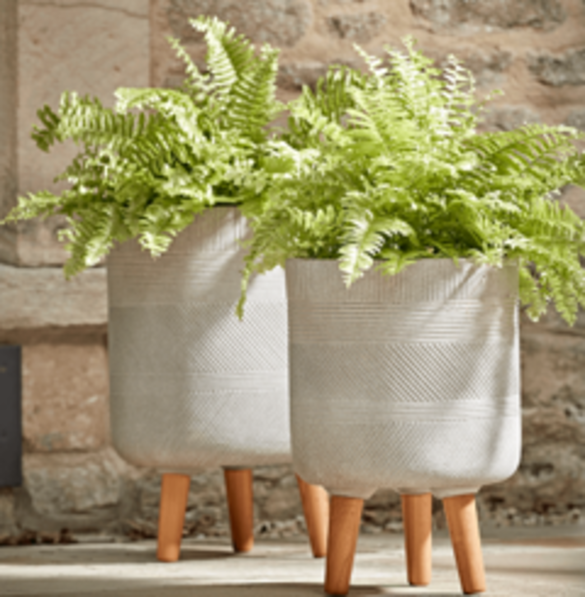 Two Geometric Etched Standing Planters - Taupe. RRP £250.00 - SR5. Etched with a cross hatch striped