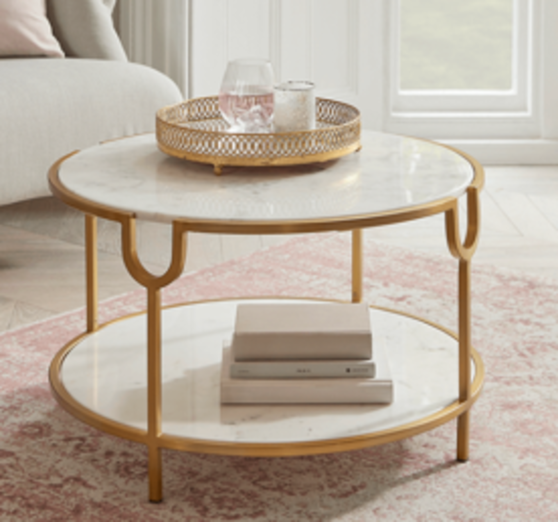 Marble Topped Round Coffee Table. RRP £750.00. - SR5. With surfaces of stunning white baswara marble