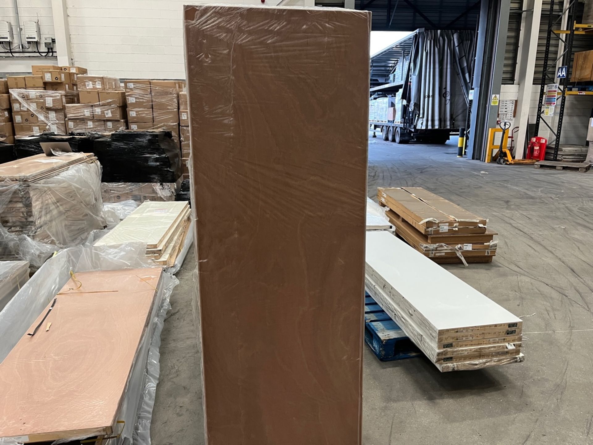 PALLET TO CONTAIN 2 X BRAND NEW DARK OAK WOODEN FIRE DOORS 78 X 27 X 1.8 INCHES