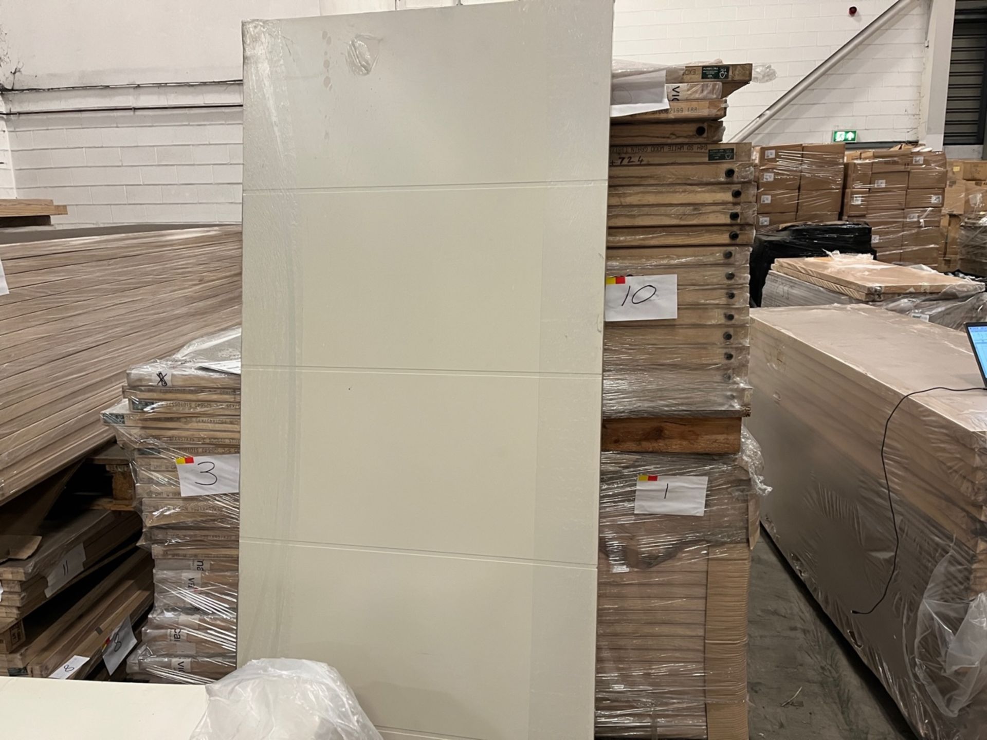 PALLET TO CONTAIN 17 X BRAND NEW OFF WHITE 5 PANEL WOODEN FIRE DOOR 78 X 33 X 1.5 INCHES
