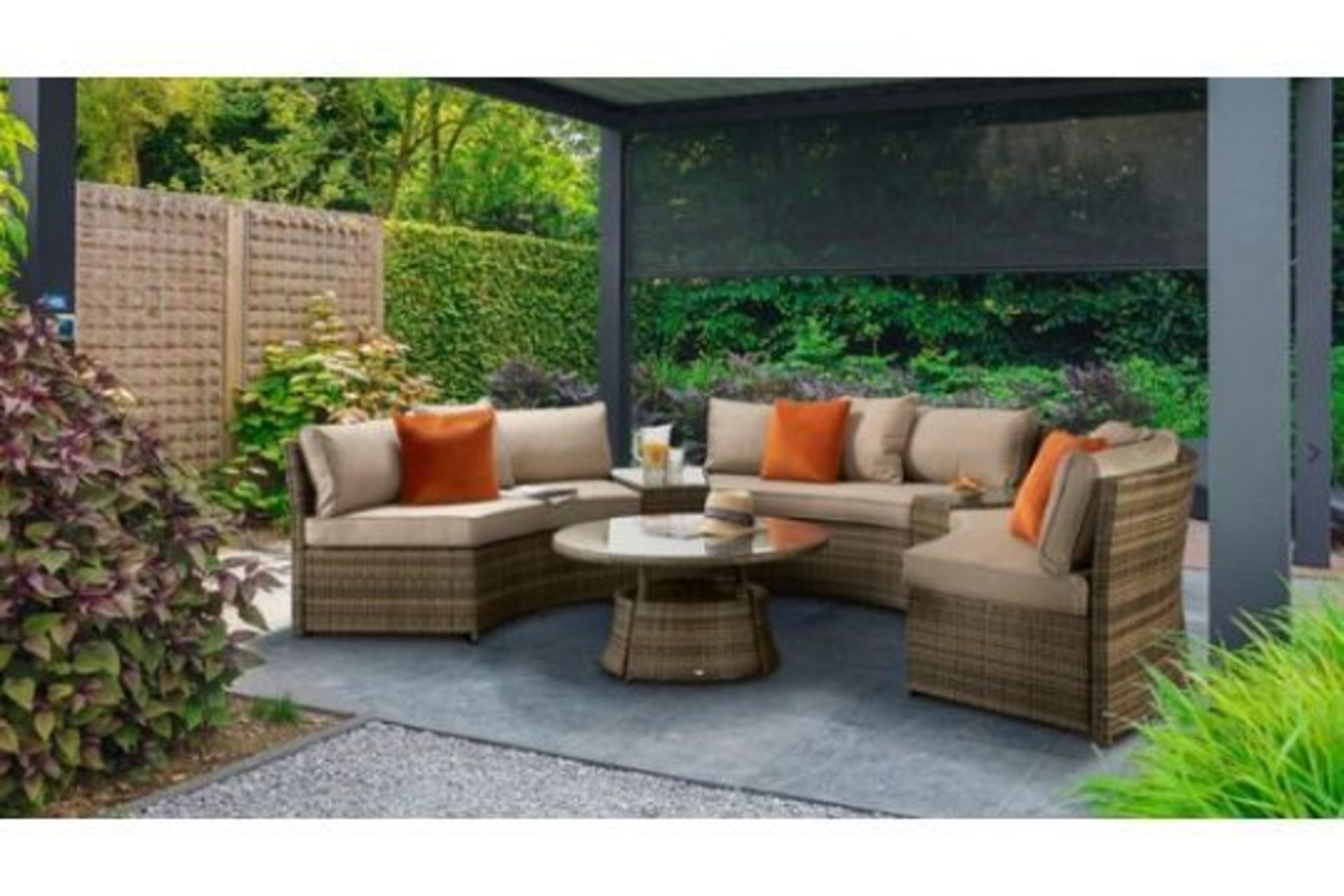 New & Boxed Luxury Signature Weave Garden Furniture - Juliet Brown Half Moon Sofa Set. RRP £2,999.