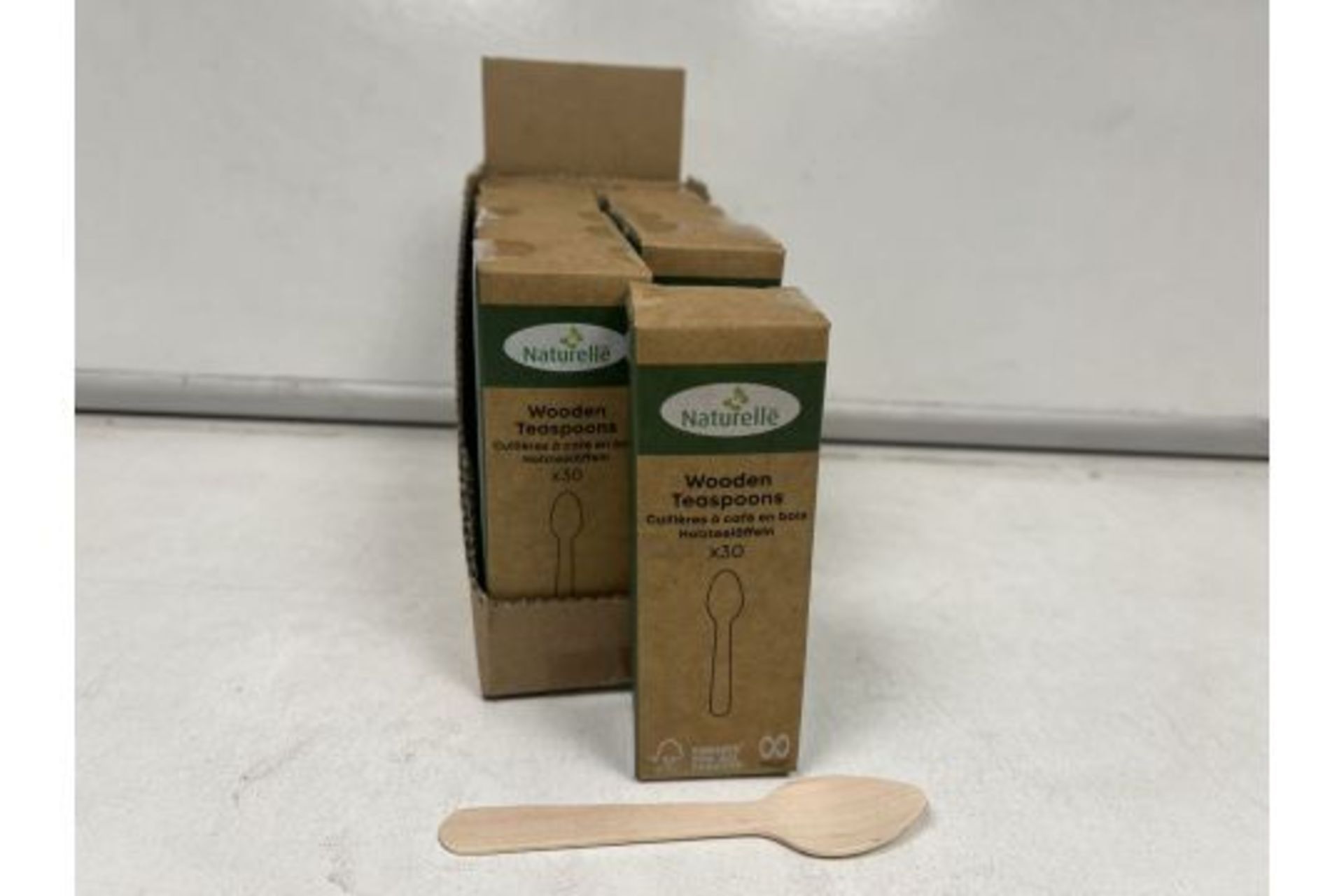 72 X NEW BOXED PACKS OF 30 NATURELLE WOODEN TEASPOONS. (ROW9.3MID)