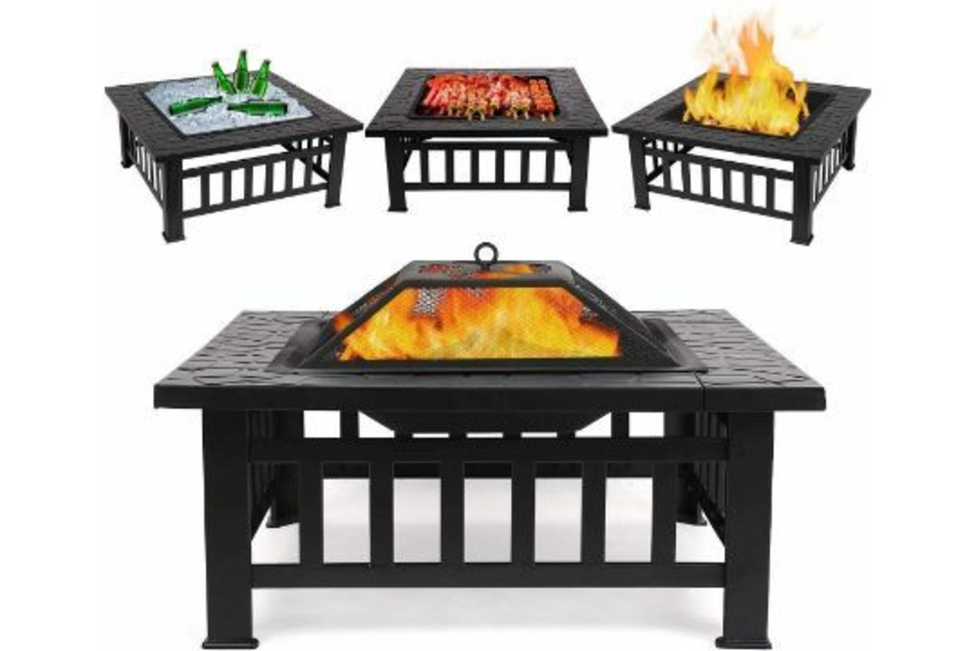 New Boxed Outdoor 3 in 1 BBQ, Large Firepit, Ice Bucket & Garden Square Table. RRP £249.99. Planning