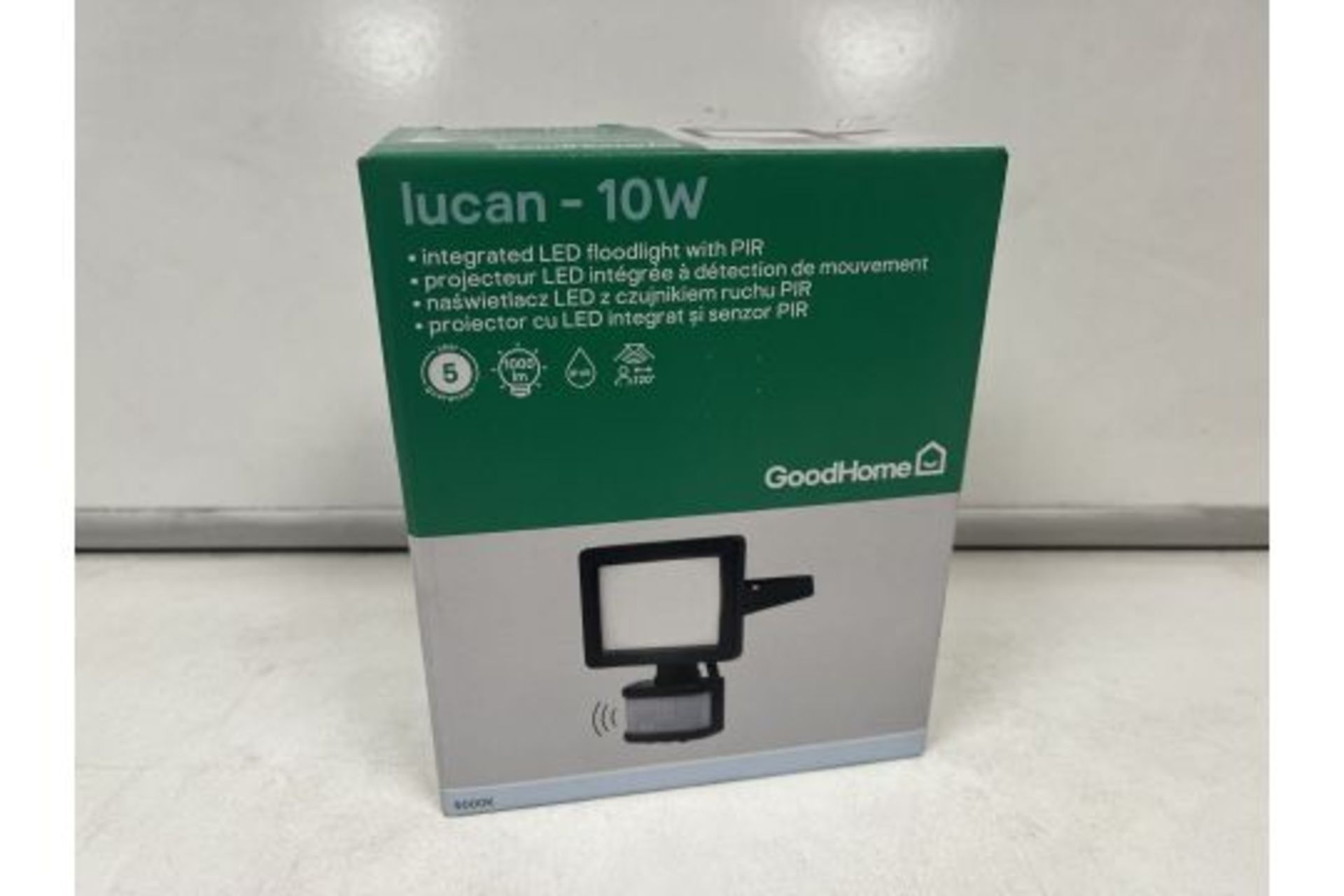 4 X NEW BOXED GOODHOME LUCAN 10W INTEGRATED LED FLOODLIGHT WITH PIR. 1000 LUMENS. ROW5.8RACK