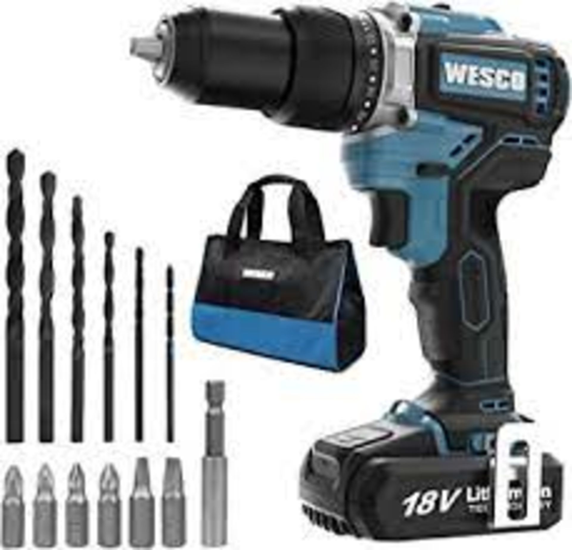 New Boxed WESCO 18V 2.0Ah Power Combi Drill Kit with Li-ion Battery and Charger, Electric