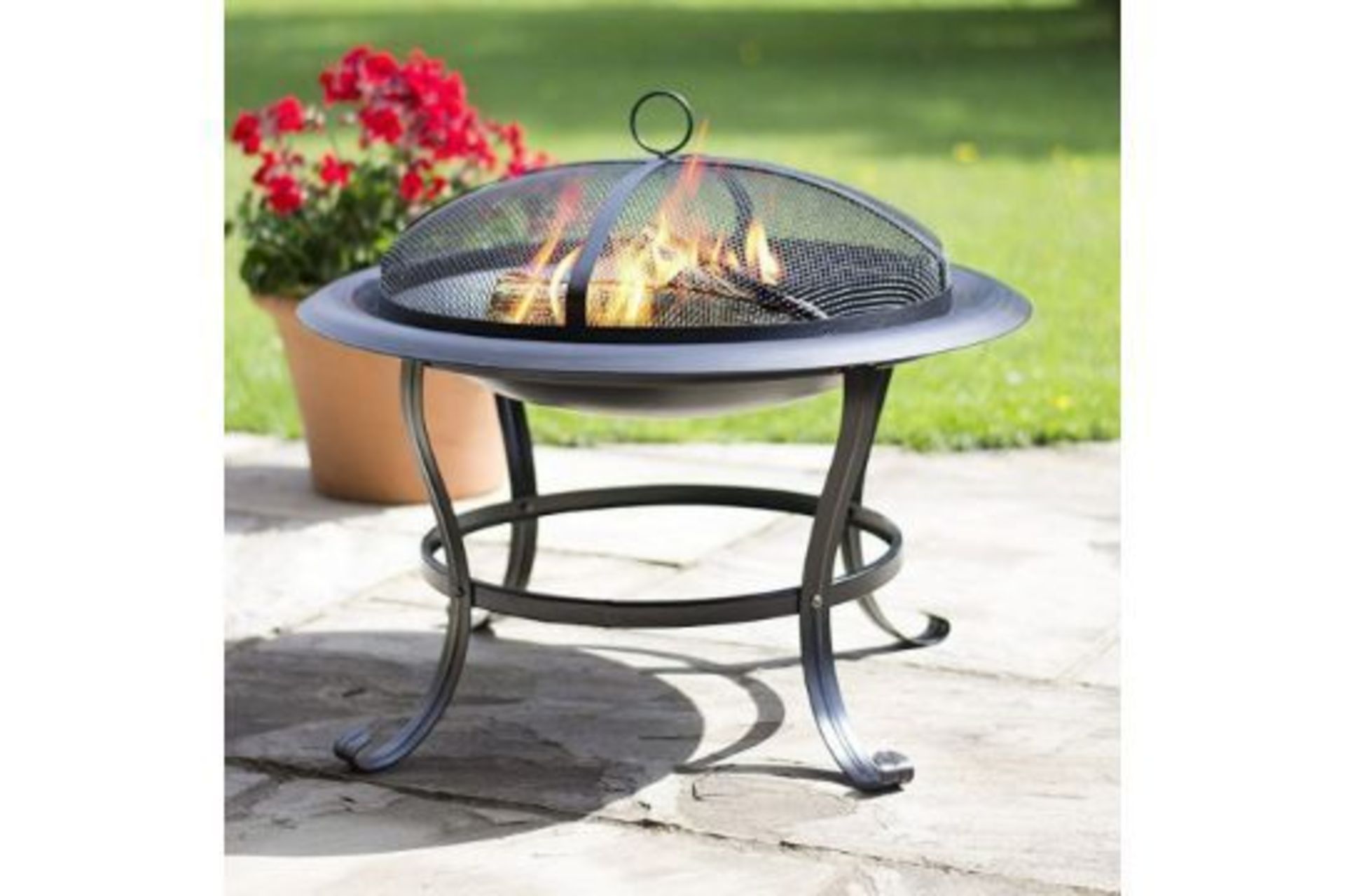 New Boxed STEEL FIRE PIT BOWL WITH MESH LID COOKING GRILL. This stylish steel fire pit bowl comes