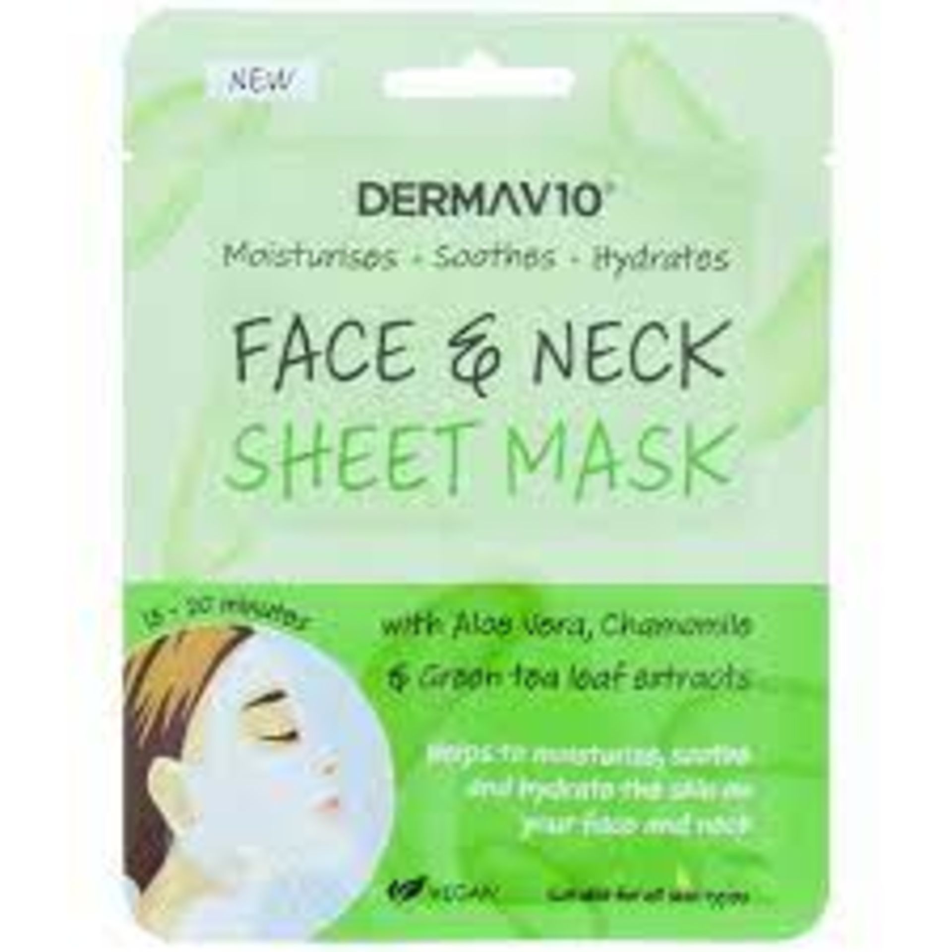 96 x NEW PACKAGED DERMAV10 FACE NECK SHEET MASKS. MOISTURISES, SOOTHES, HYDRATES. WITH ALOE VERA,