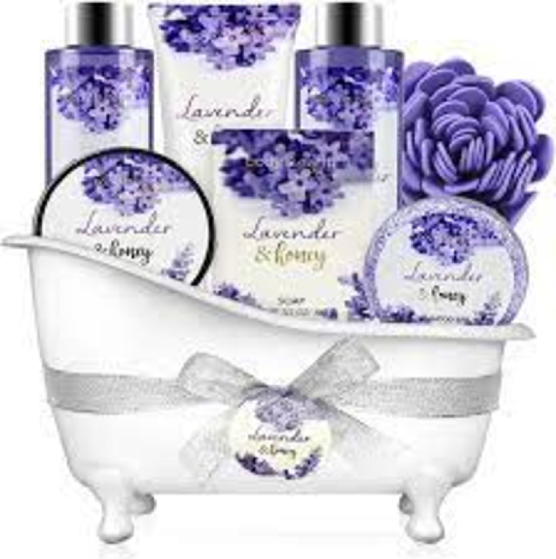 3 x NEW PACKAGED BODY EARTH Lavender Honey Spa Bathtub Set. (ROW12) Contents: This bath set includes