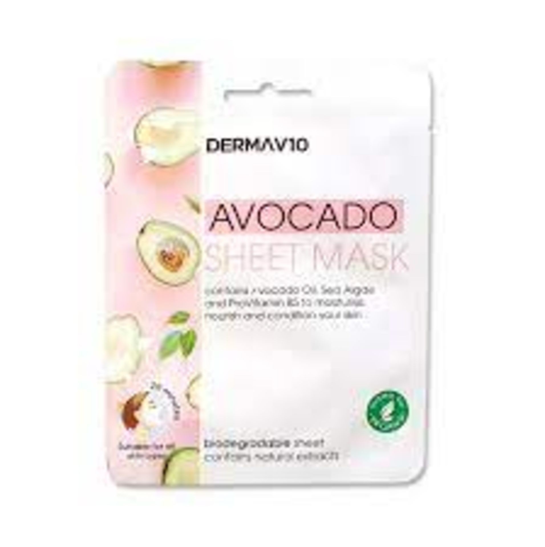 96 X NEW PACKAGED DERMAV10 AVOCADO SHEET MASK. RRP £4.99 EACH. CONTAINS AVOCADO OIL, SEA ALGAE AND