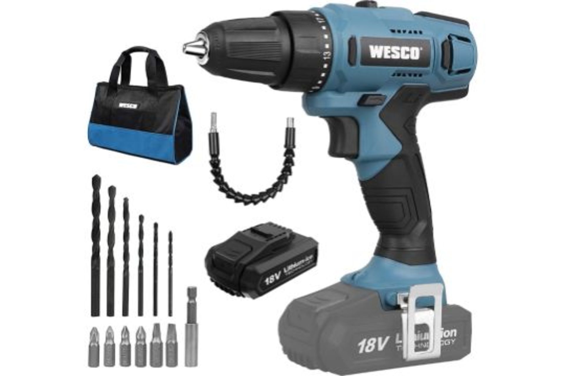 2 x New Boxed WESCO 18V 2.0Ah Power Combi Drill Kit with Li-ion Battery and Charger, Electric