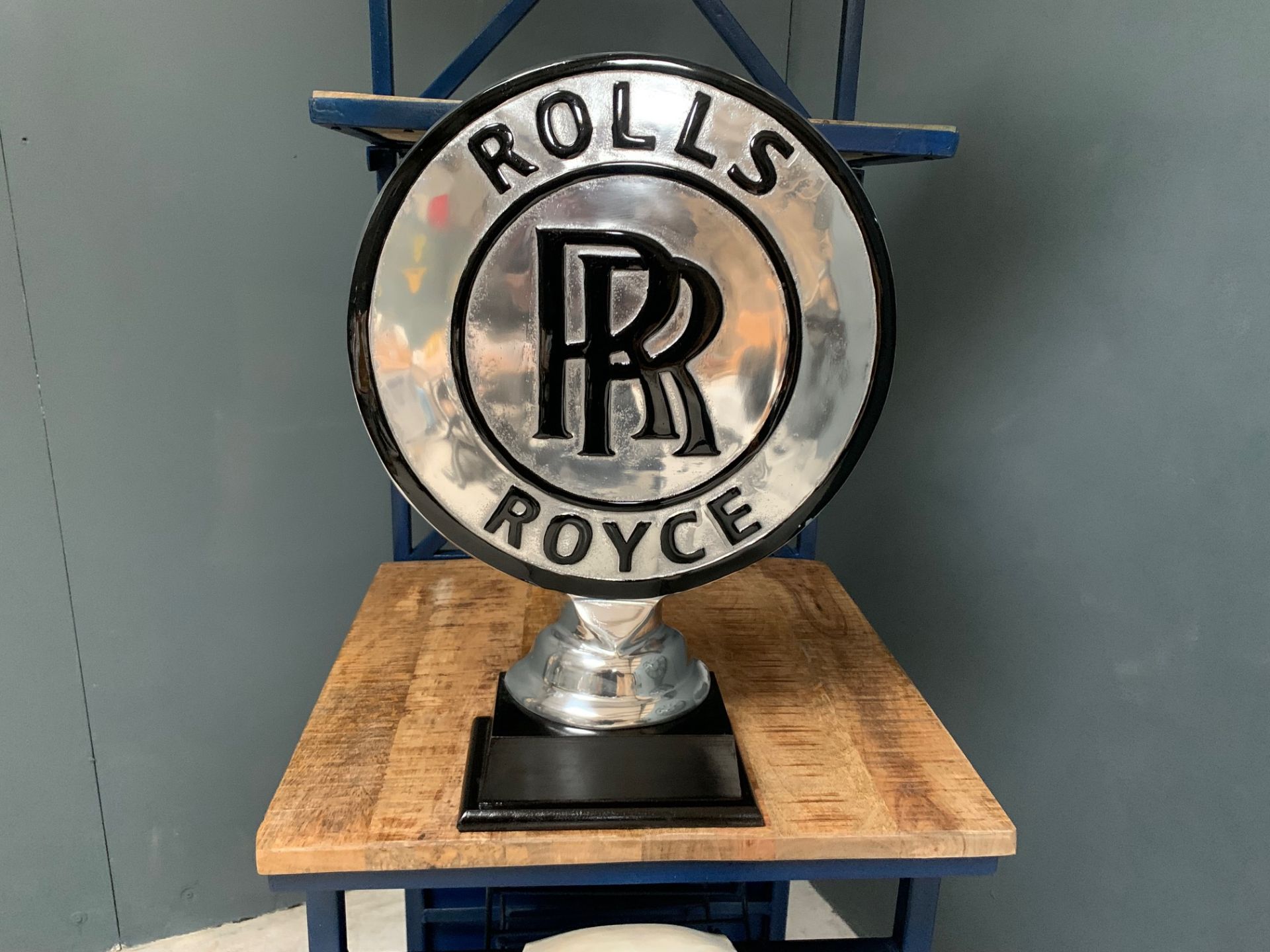 CAST METAL SILVER AND BLACK ROLLYS ROYCE PLAQUE/GLOBE ON STAND