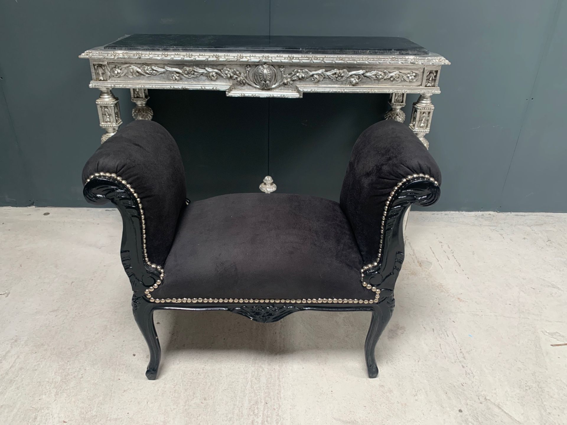 BLACK FRENCH STYLE WINDOW SEAT ON HANDFINISHED DISTRESSED BLACK FRAME AND NEW BLACK UPHOLSTERY