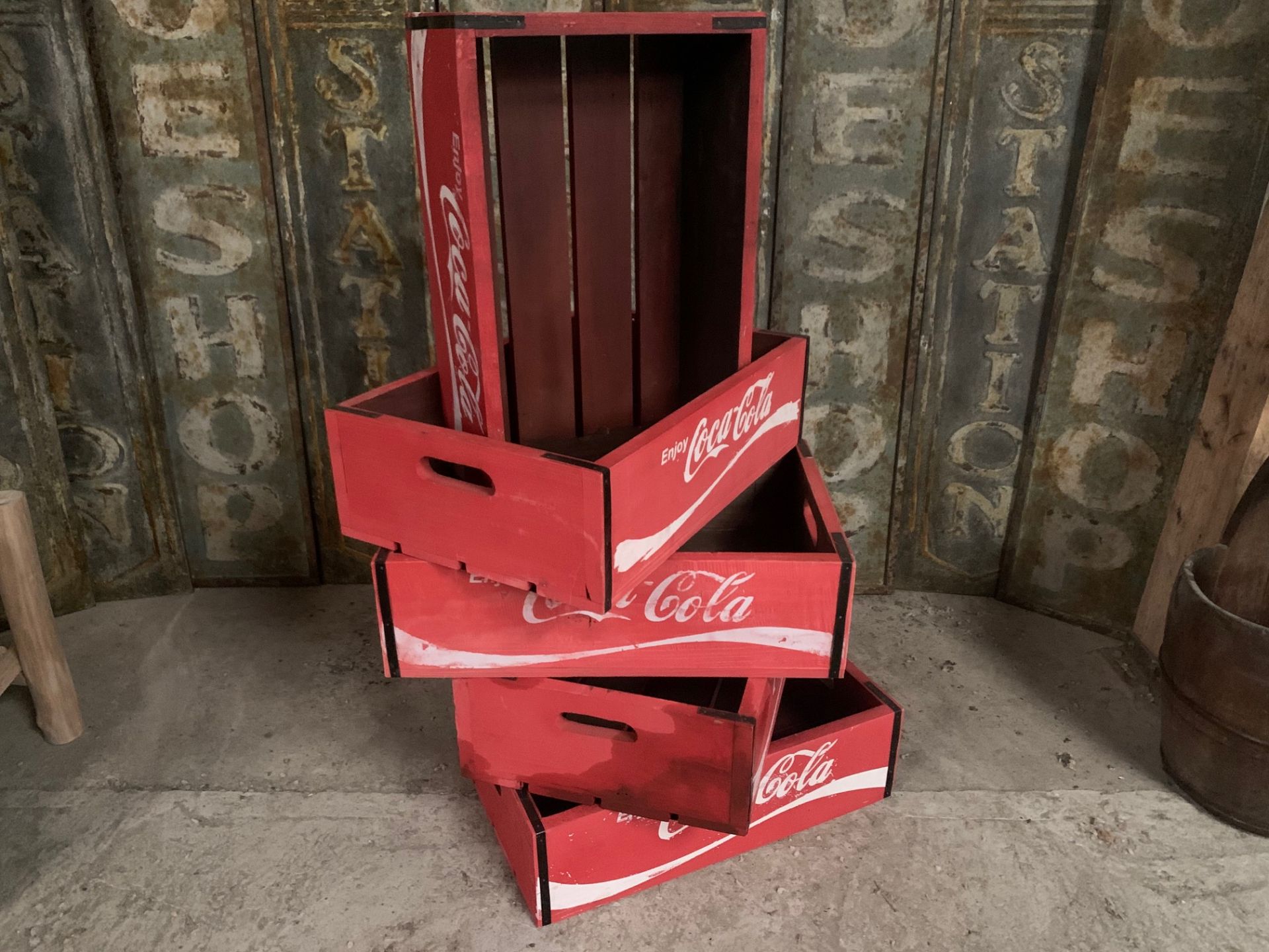 SET OF 5 WOODEN PAINTED COCA COLA TRAYS