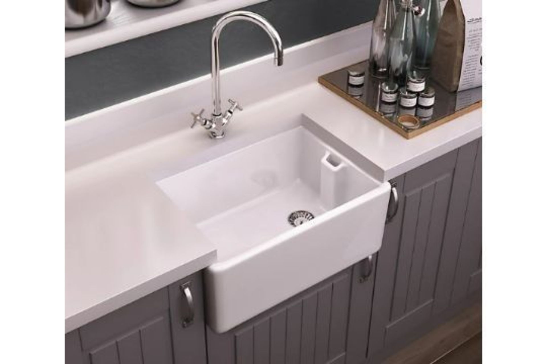 New Boxed GoodHome Hyssop Gloss White Ceramic 1 Bowl Kitchen sink. 490MM (L) X 180mm(D).