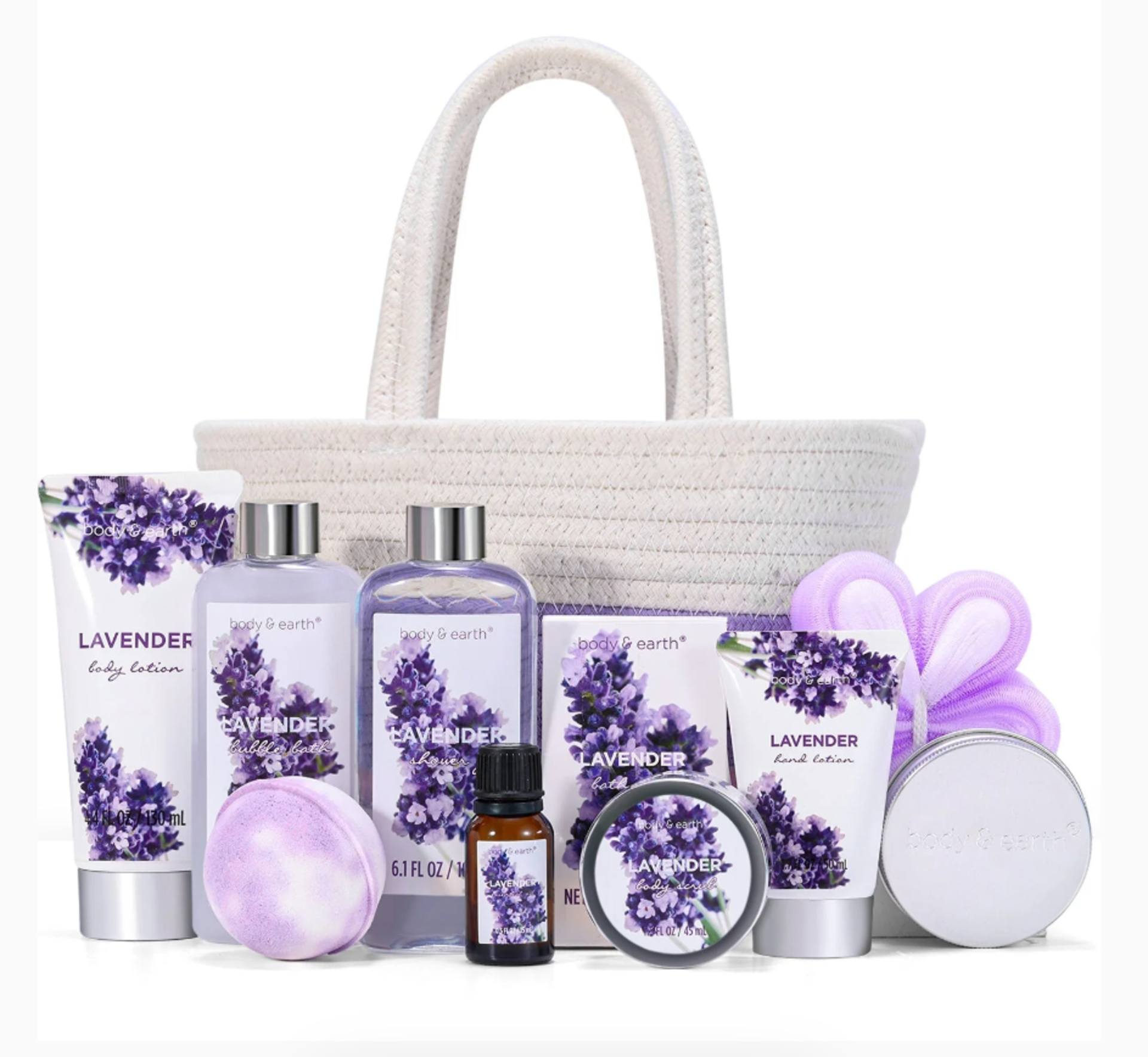 TRADE LOT 20 X NEW PACKAGED Body & Earth Lavender Spa Basket Set. (BE-BP-010) Nourishing