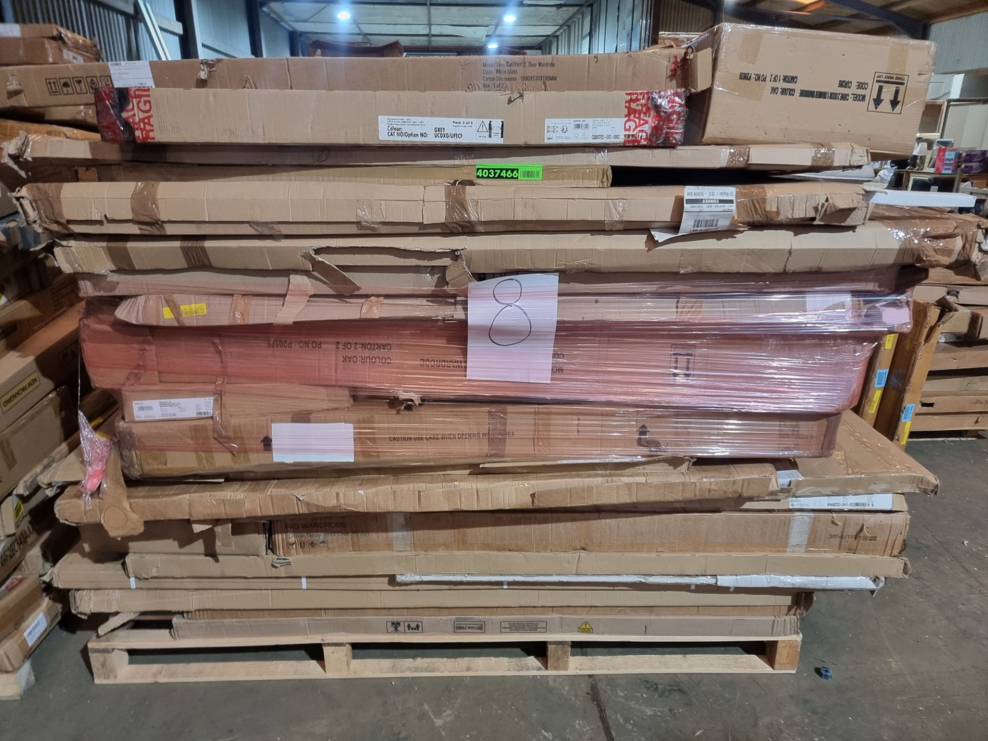 large wayfair pallet containing a large number of different wardrobes, singles, doubles and triples