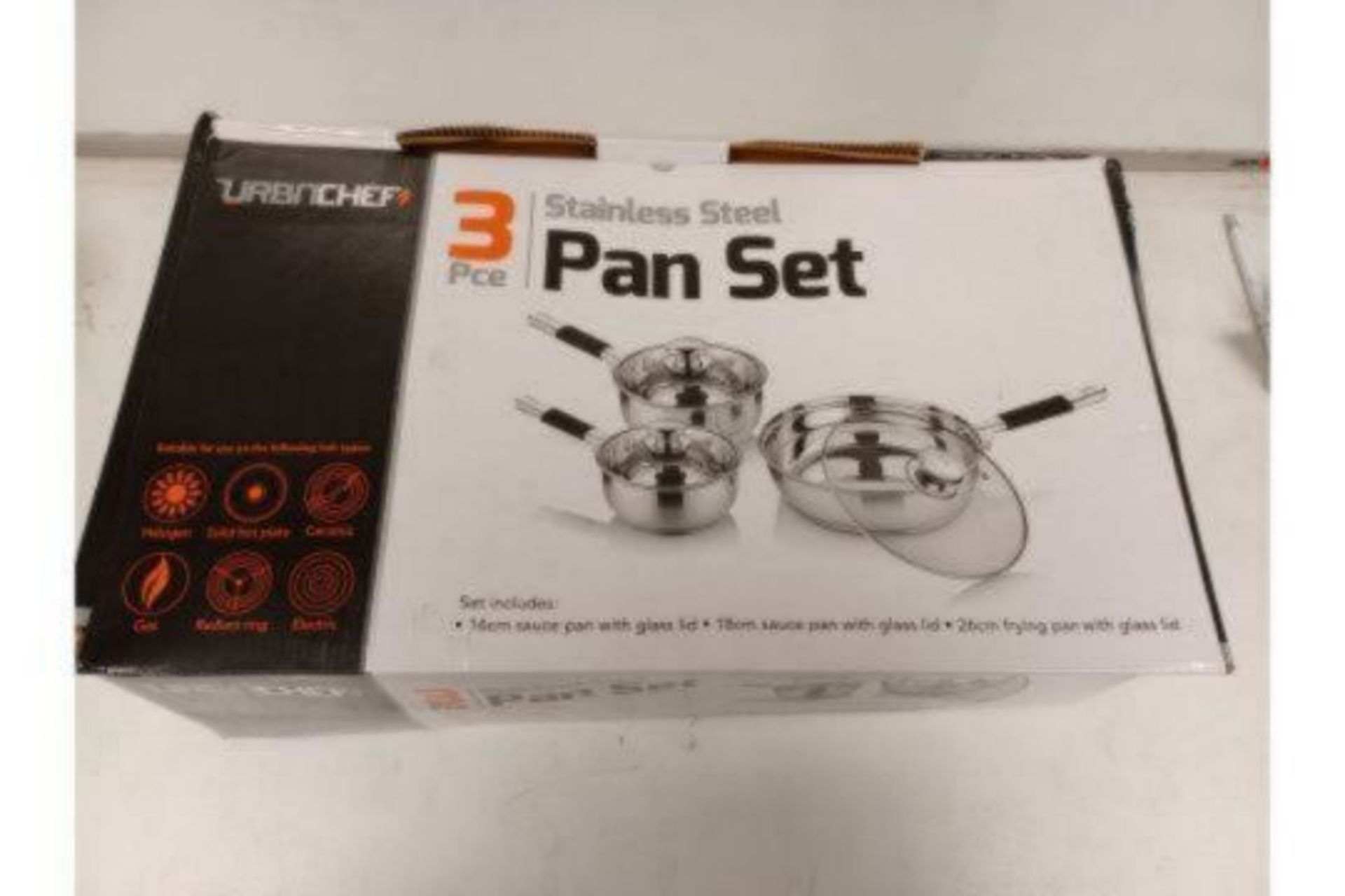 2 X BOXED SETS OF URBNCHEF 3 PIECE STAINLESS STEEL PAN SETS. EACH SET INCLUDES: 16CM SAUCE PAN
