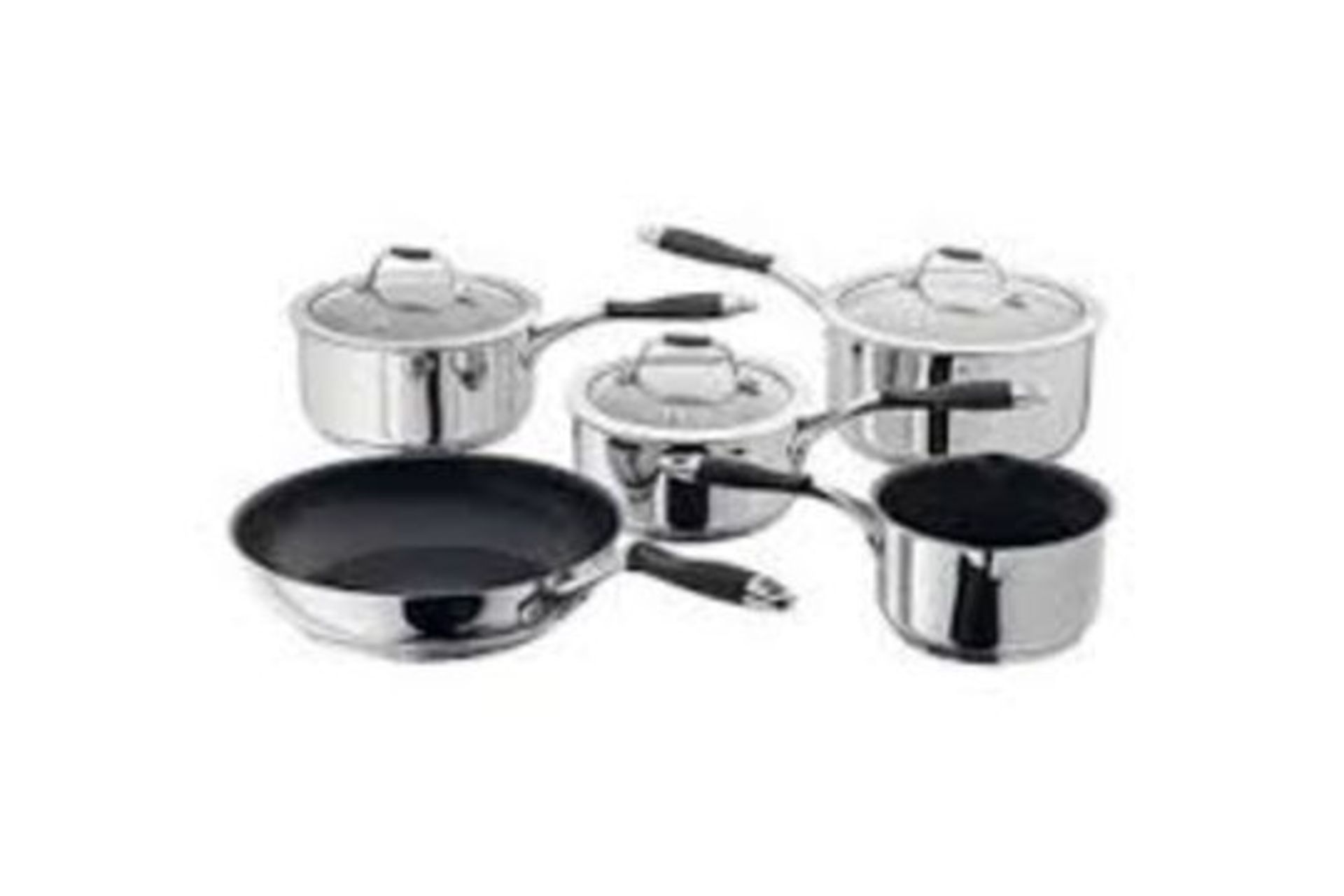 BOXED SET OF URBNCHEF 5 PIECE STAINLESS STEEL PAN SETS. EACH SET INCLUDES: 16CM SAUCE PAN WITH GLASS
