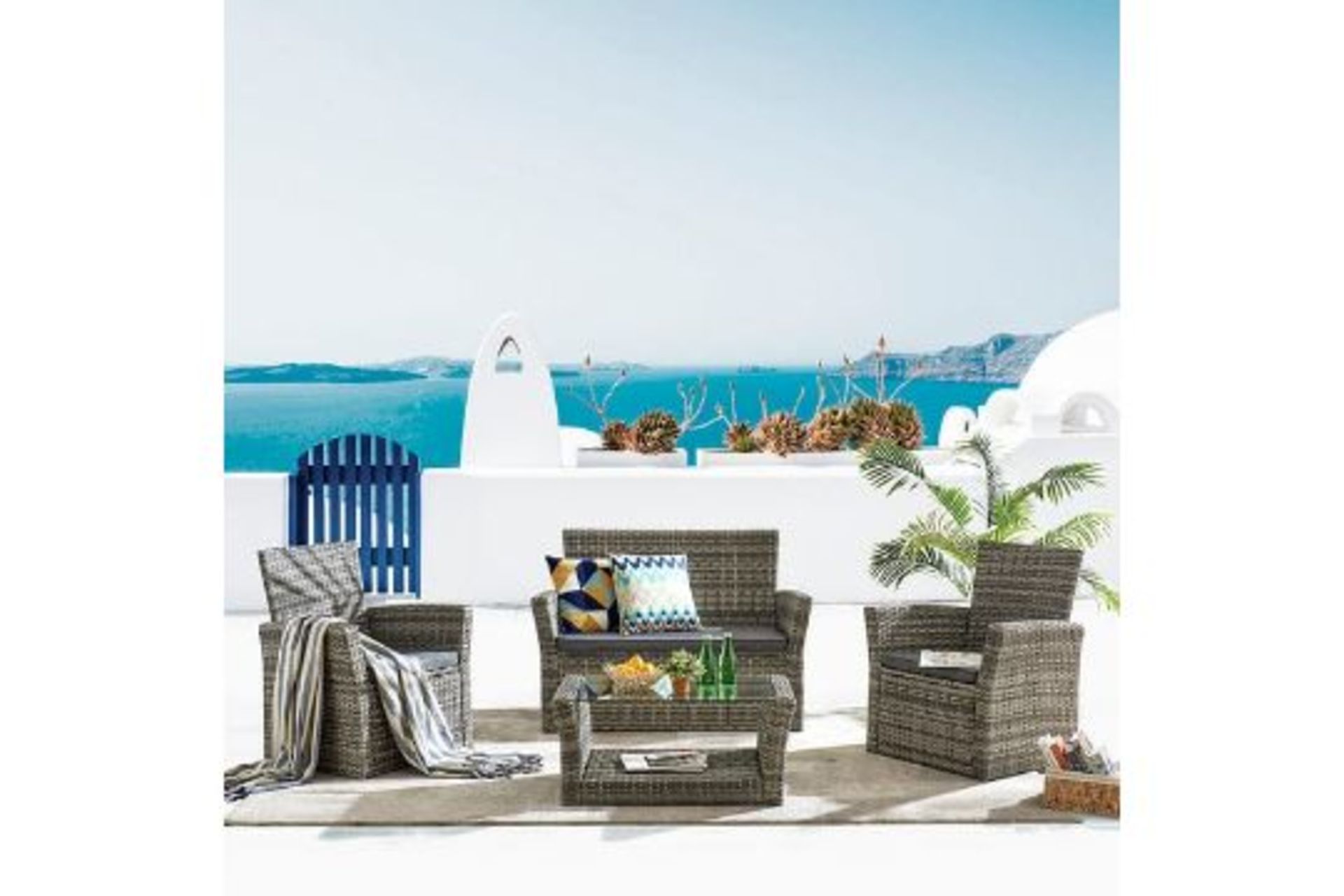 COMMERCIAL LOT 4 X New Boxed Corfo 4 Seater Garden Furniture Set in Grey. The 4-piece garden