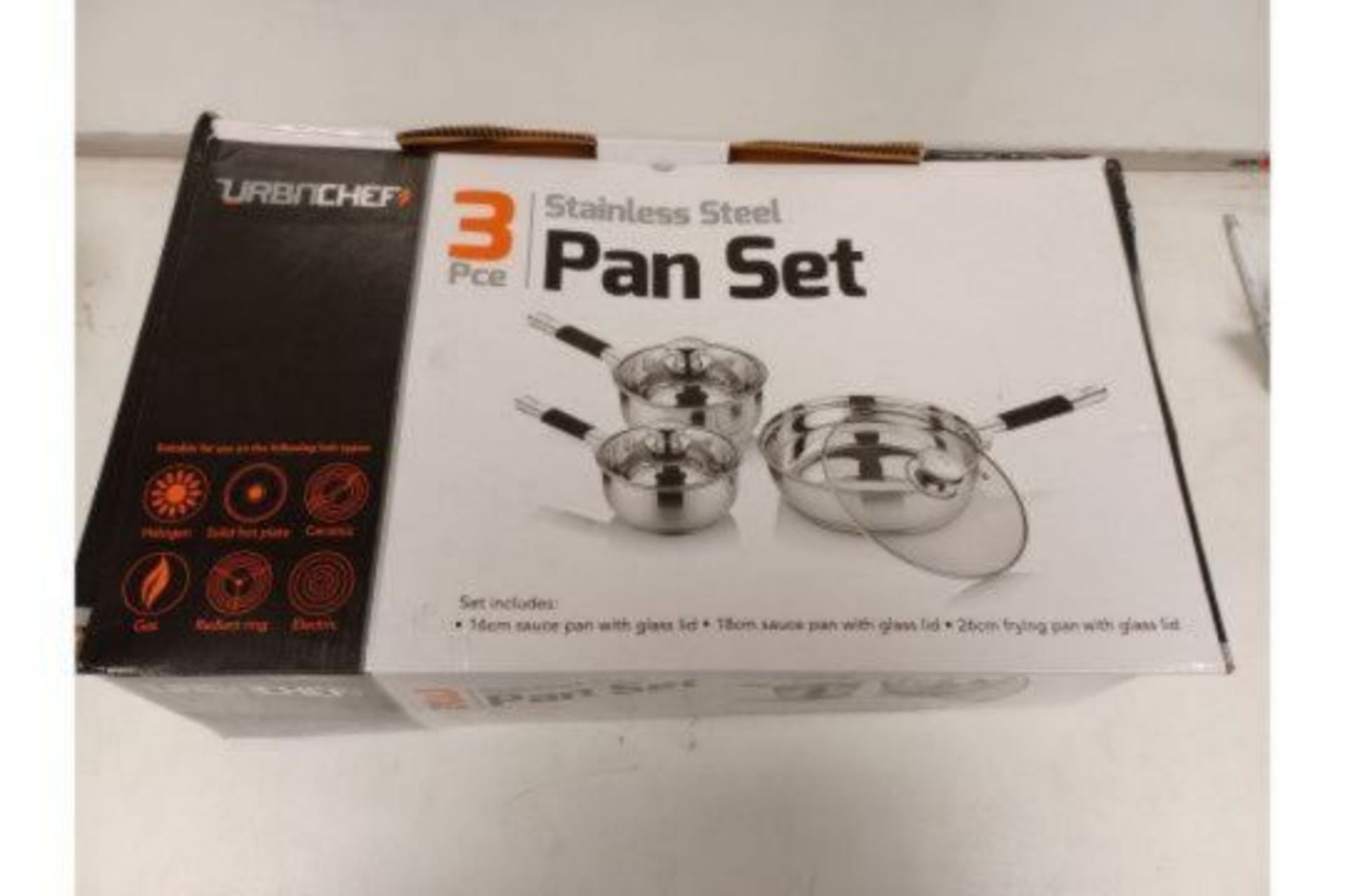 3 X BOXED SETS OF URBNCHEF 3 PIECE STAINLESS STEEL PAN SETS. EACH SET INCLUDES: 16CM SAUCE PAN