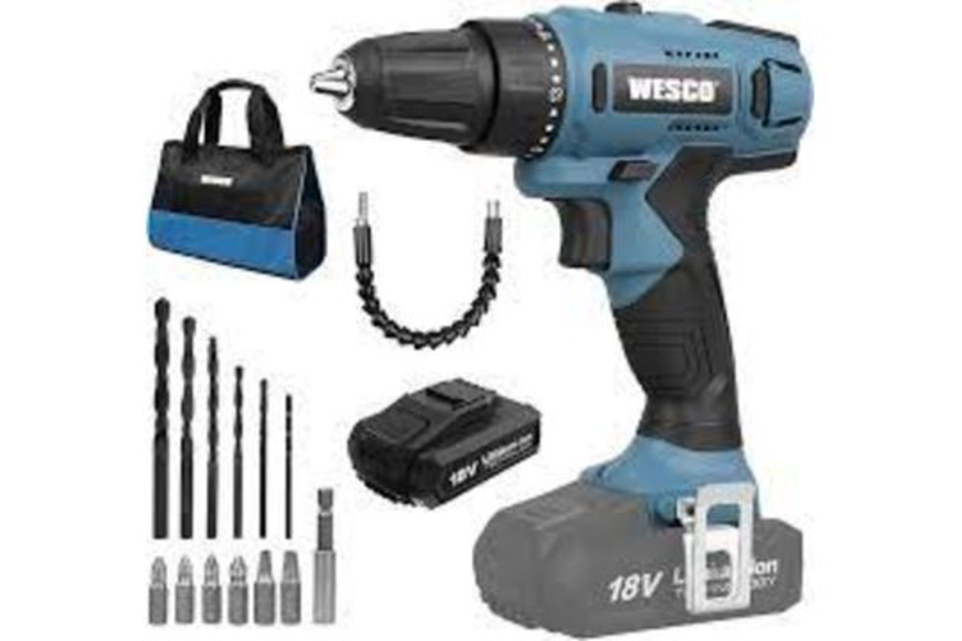 TRADE LOT 8 x New Boxed WESCO 18V 2.0Ah Power Combi Drill Kit with Li-ion Battery and Charger,