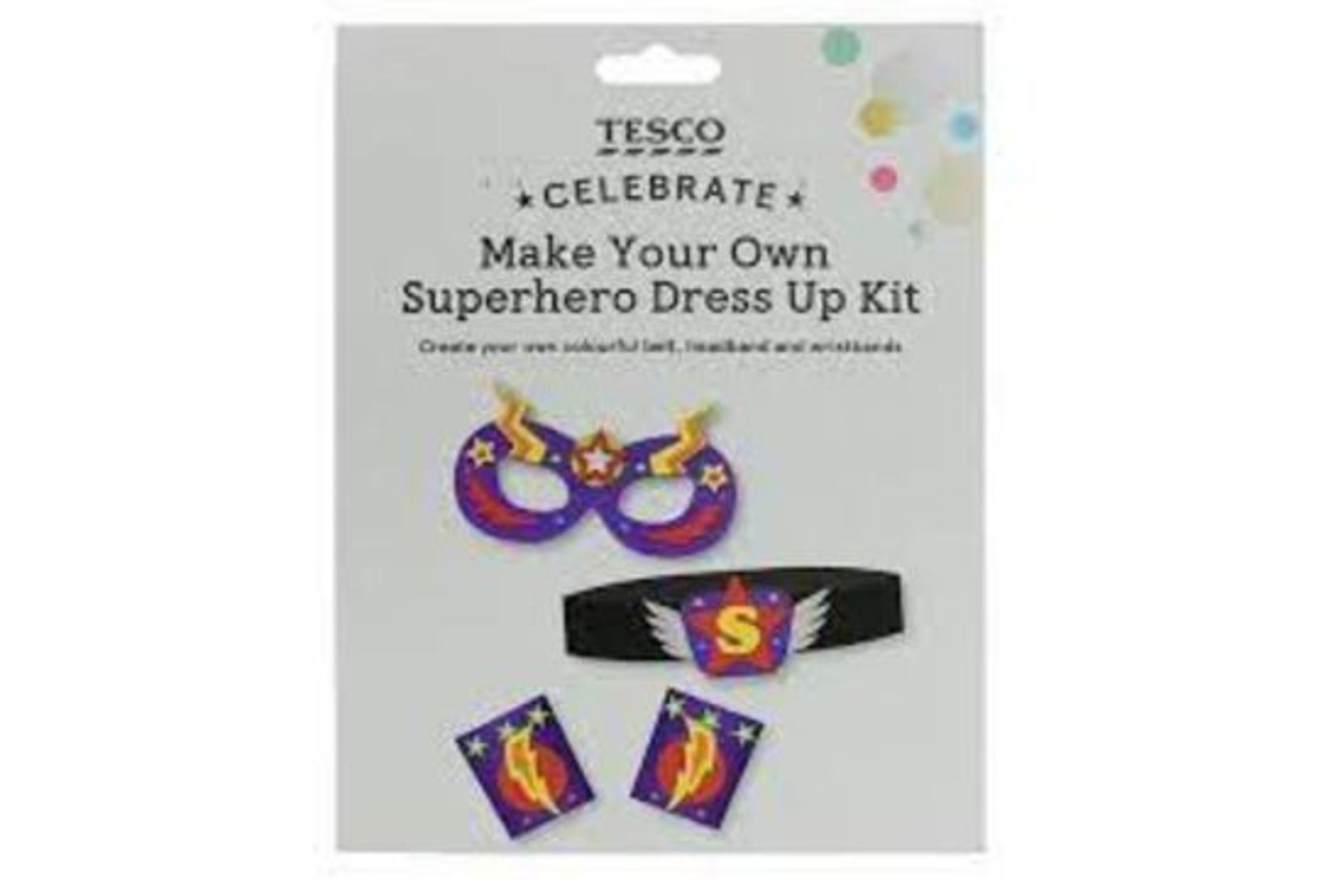 72 X NEW PACKAGED TESCO CELEBRATE MAKE YOUR OWN SUPER HERO DRESS UP KITS. INCLUDES BELT,