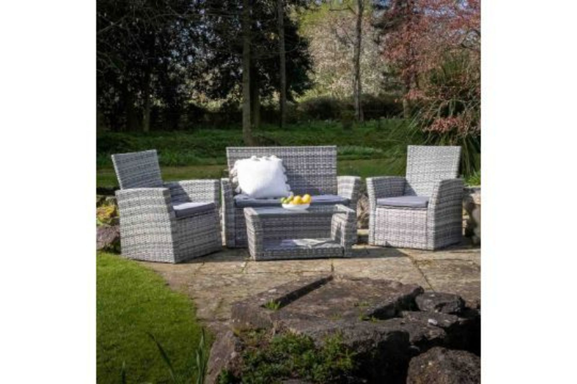 COMMERCIAL LOT 4 X New Boxed Corfo 4 Seater Garden Furniture Set in Grey. The 4-piece garden