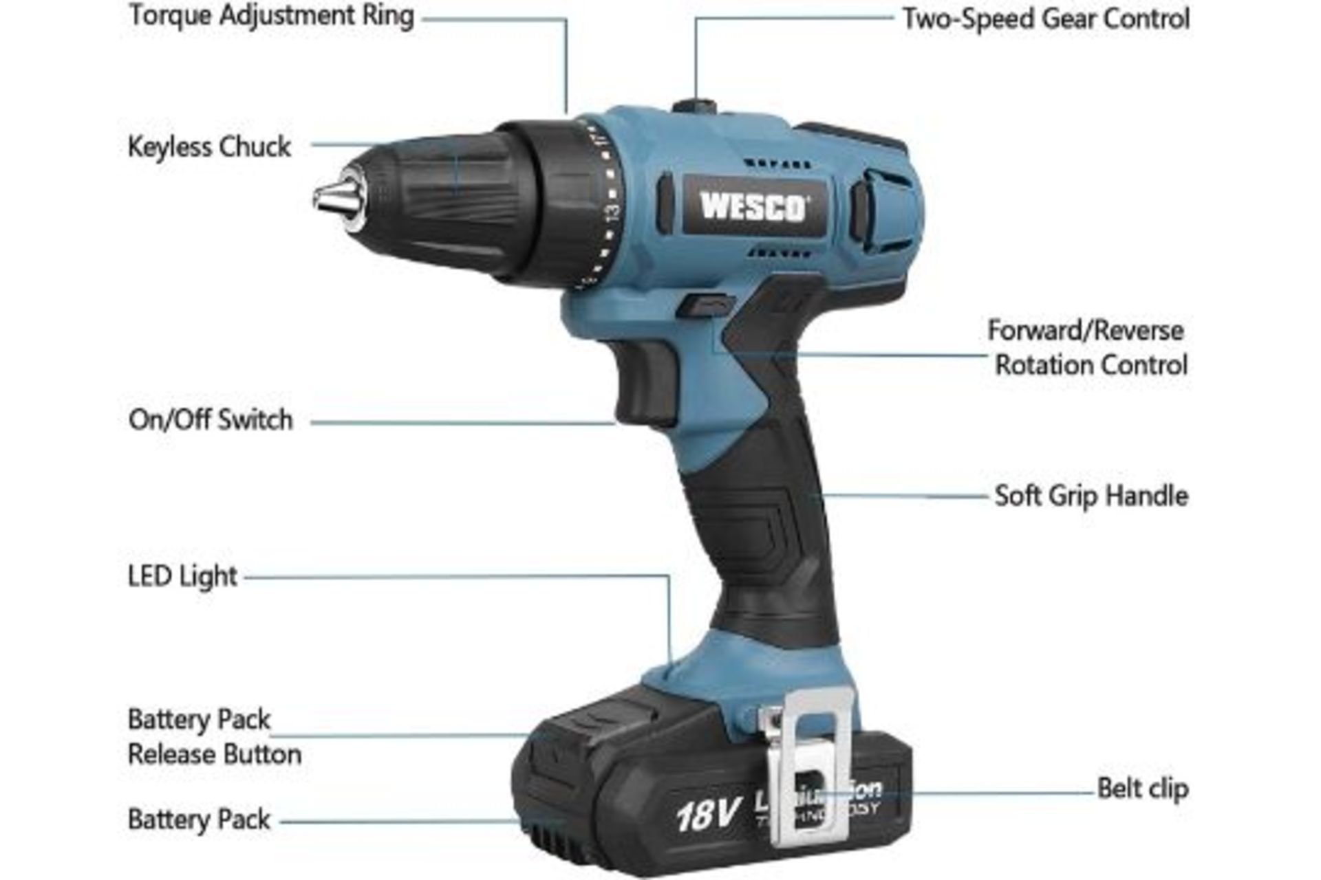 NEW BOXED Cordless Drill, WESCO 18V 2.0Ah Power Combi Drill Kit with Li-ion Battery and Charger, - Image 2 of 3