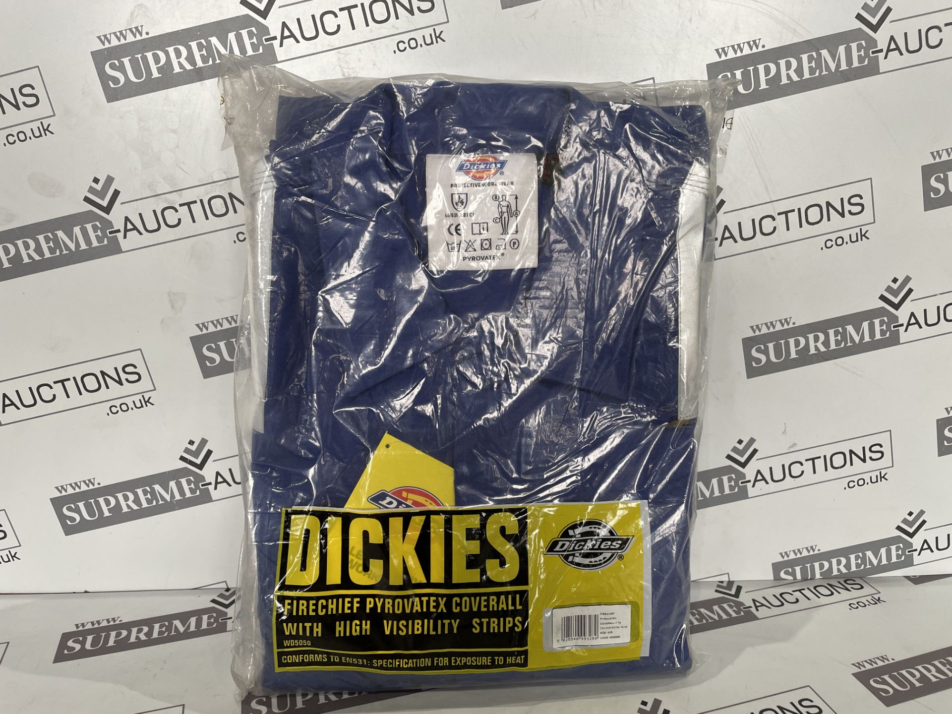 5 X BRAND NEW DICKIES FIRECHIEF PYROVATEX COVERALLS WITH HI VIZ STRIPS NAVY SIZE 50R R3-4