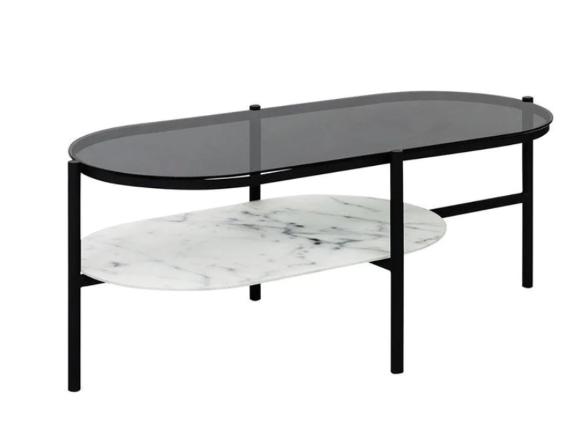 Striking Shildon Designer Coffee Table With Glass Top And Marble Shelf. RRP £295.00 - ROW5.