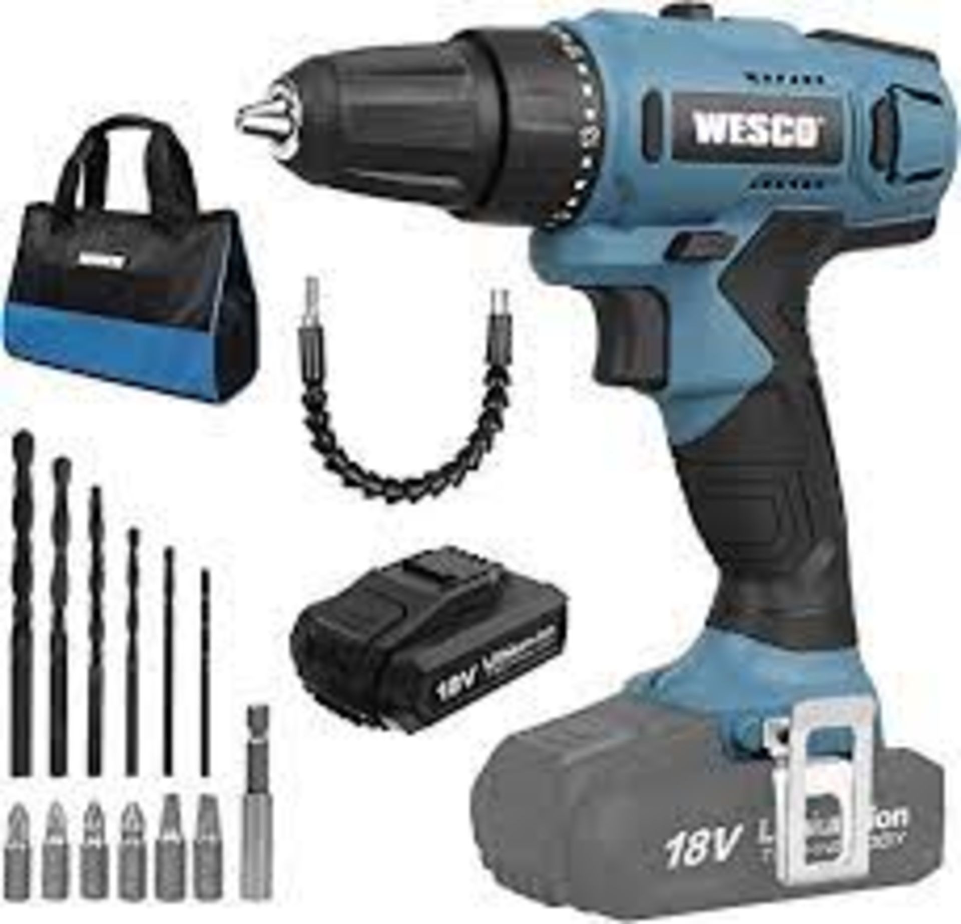 New Boxed WESCO 18V 2.0Ah Power Combi Drill Kit with Li-ion Battery and Charger, Electric