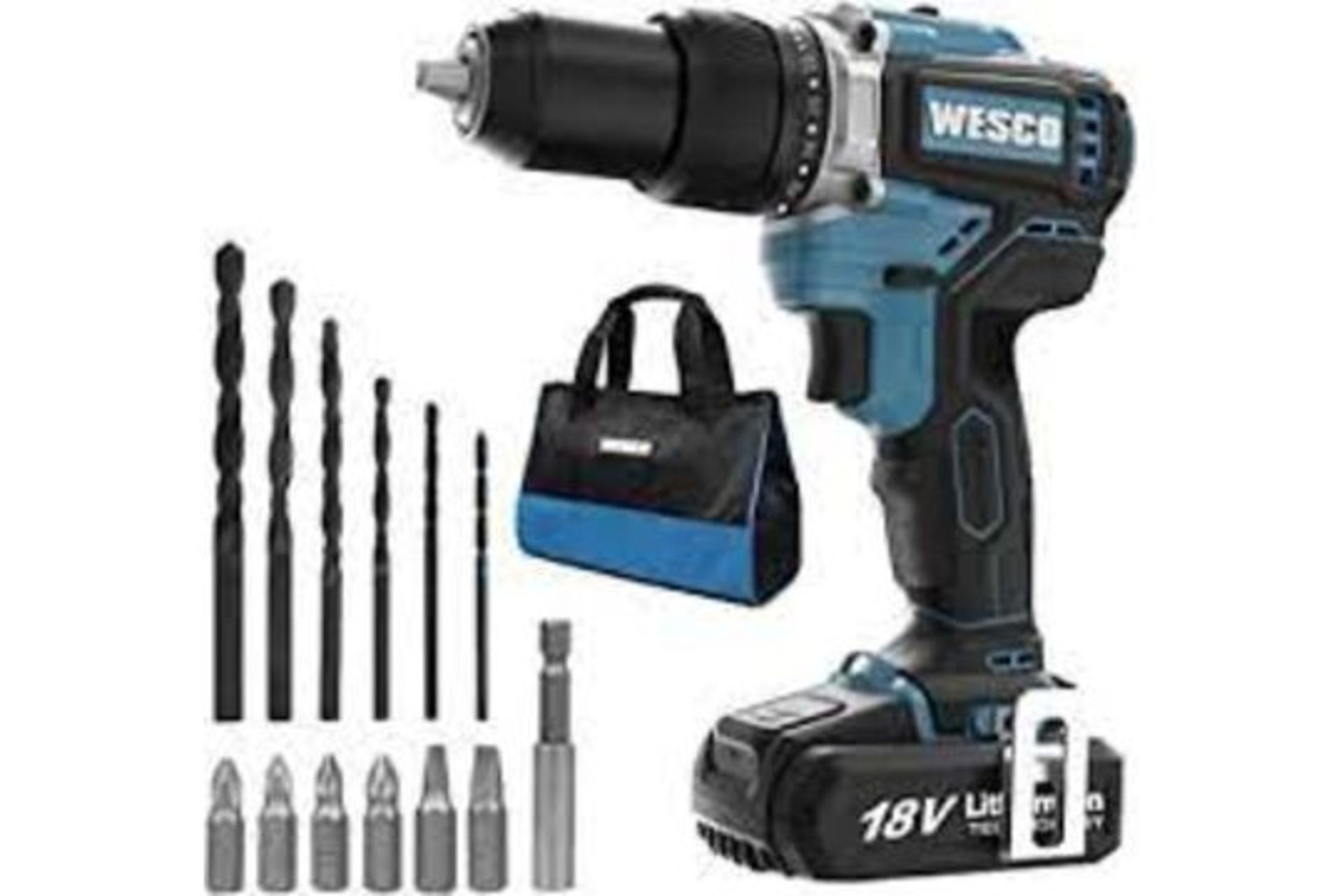 New Boxed WESCO 18V 2.0Ah Cordless Combi Drill with 13 Accessories, Hammer Drill Max Torque 60 N.