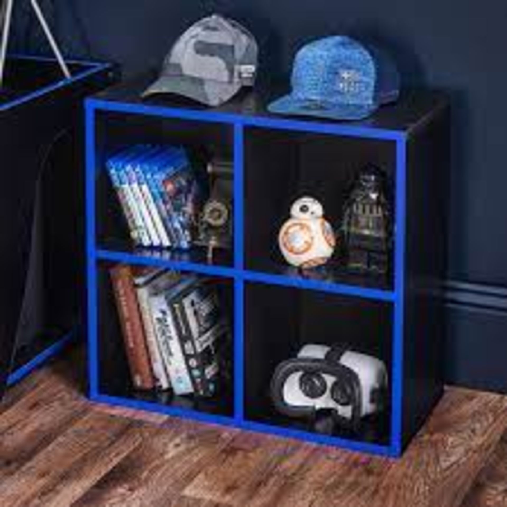 Black/Blue 4 Shelf Gaming Storage Cube. - SR3. These functional and compact wooden storage cubes