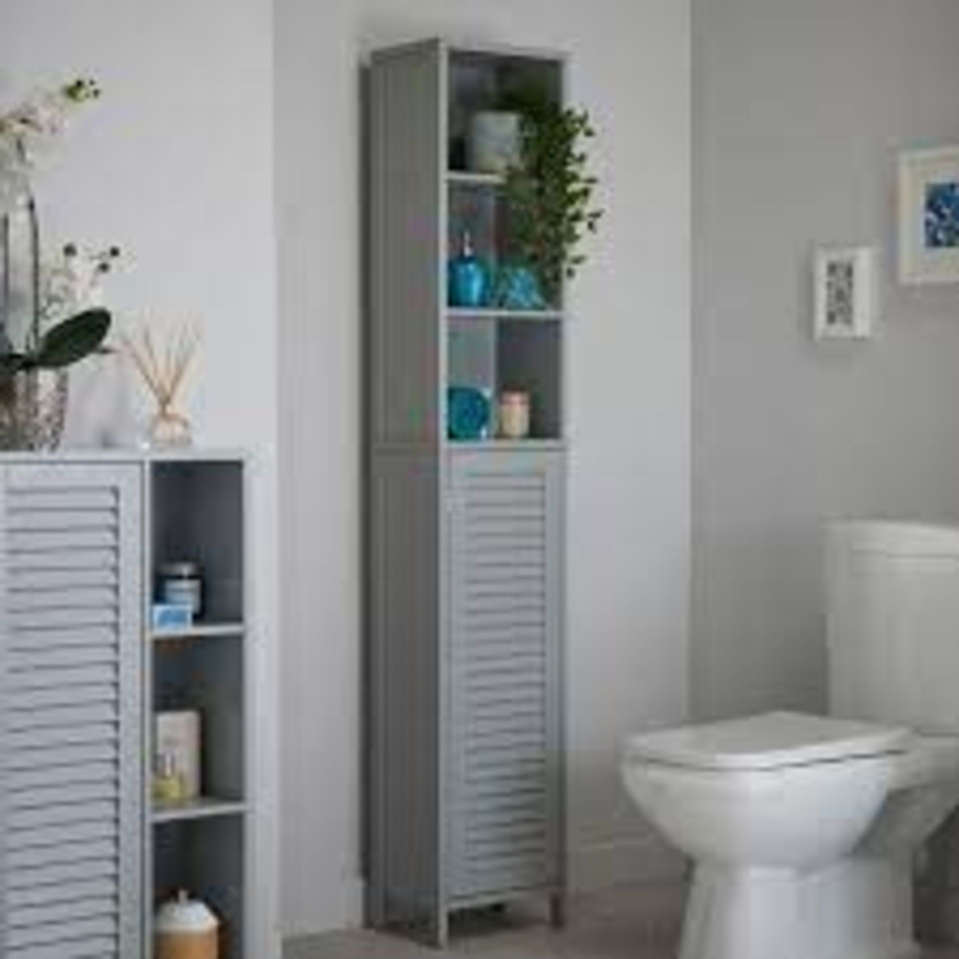 Marcus Grey Slatted Bathroom Tallboy Storage Cabinet. - SR3. A timeless storage solution that can