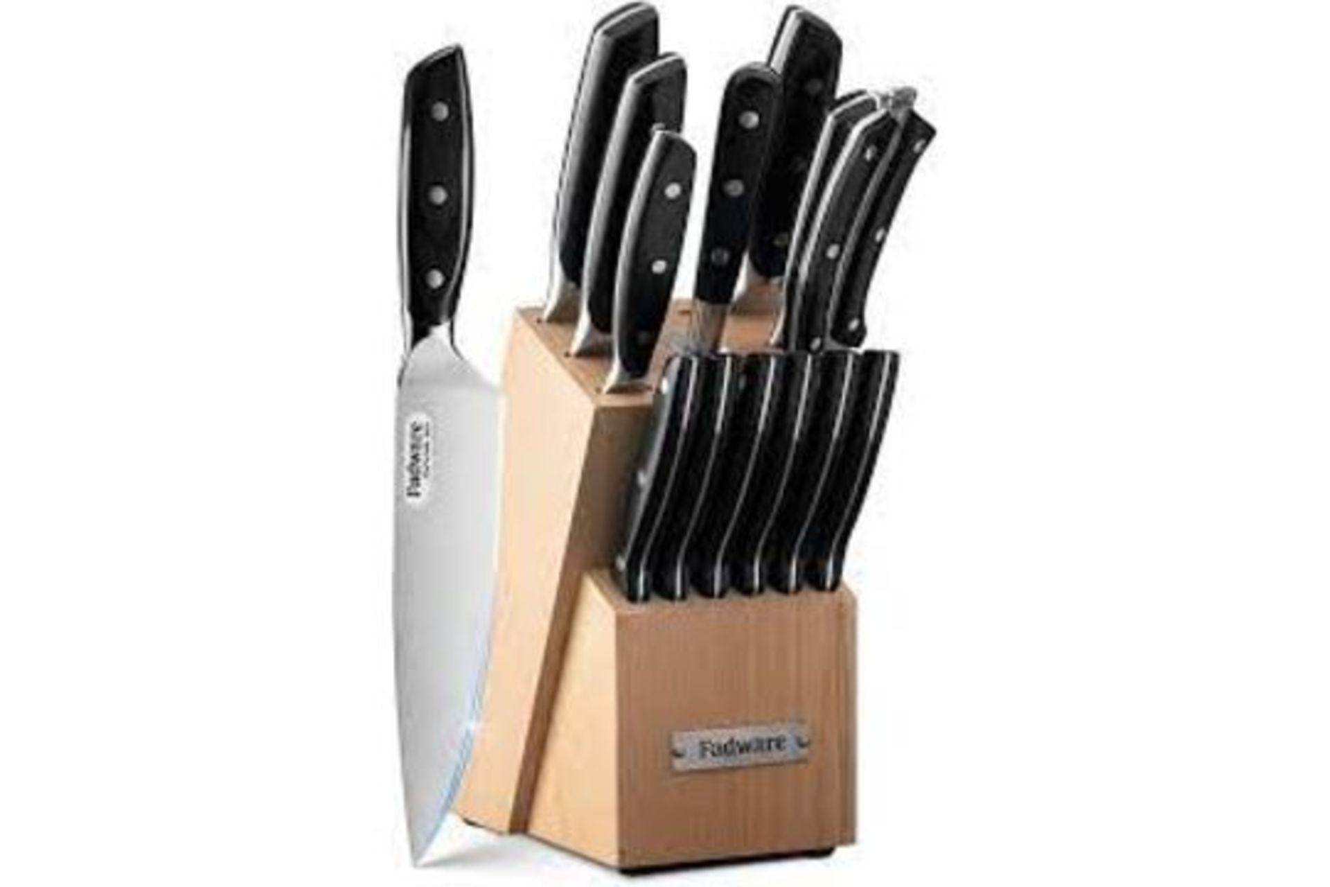 BRAND NEW FADWARE PREMIUM 14 PIECE KNIFE SET WITH KNIFE BLOCK AND SHARPENING STEEL BLACK RRP £149