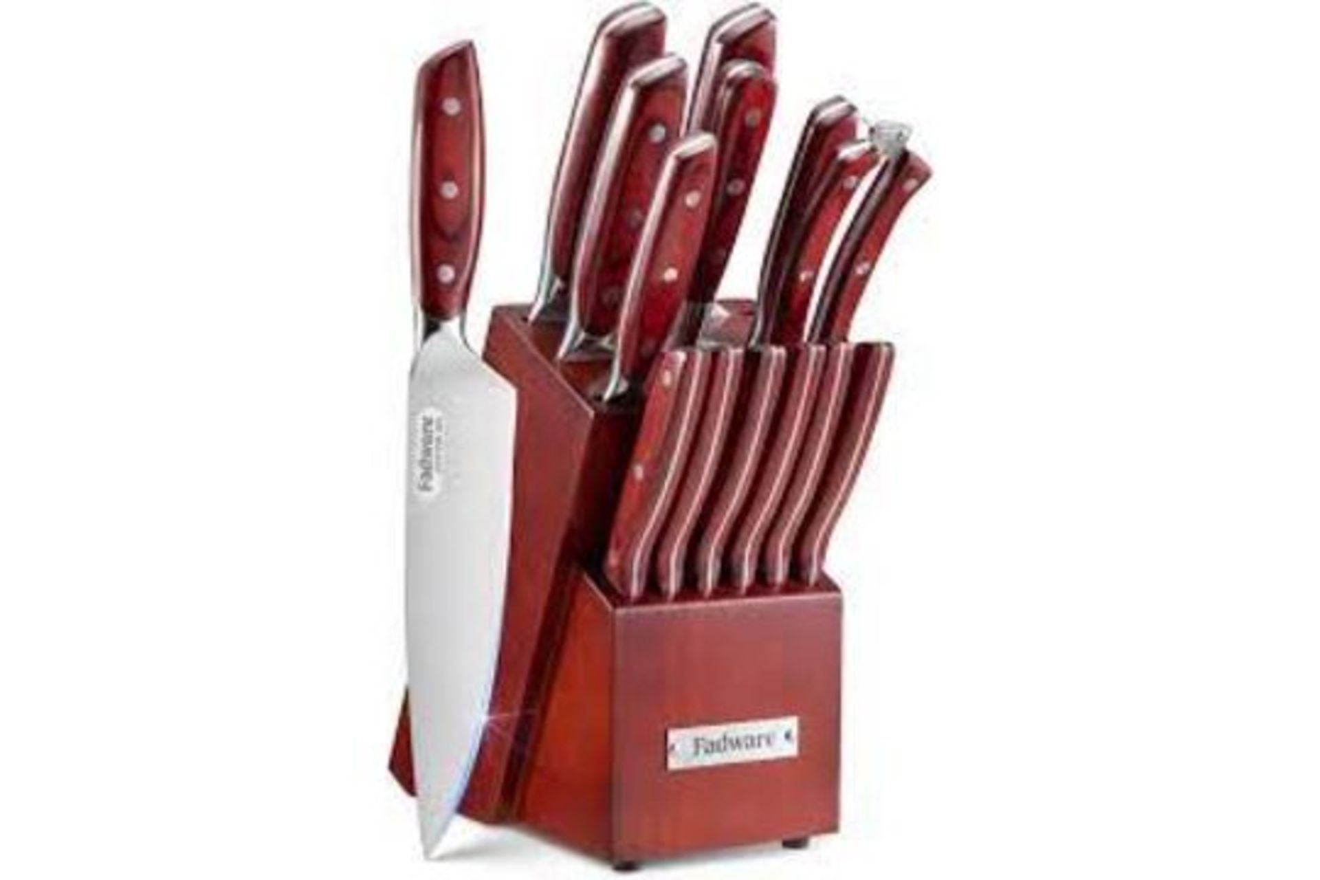 BRAND NEW FADWARE PREMIUM 14 PIECE KNIFE SET WITH KNIFE BLOCK AND SHARPENING STEEL RED RRP £149