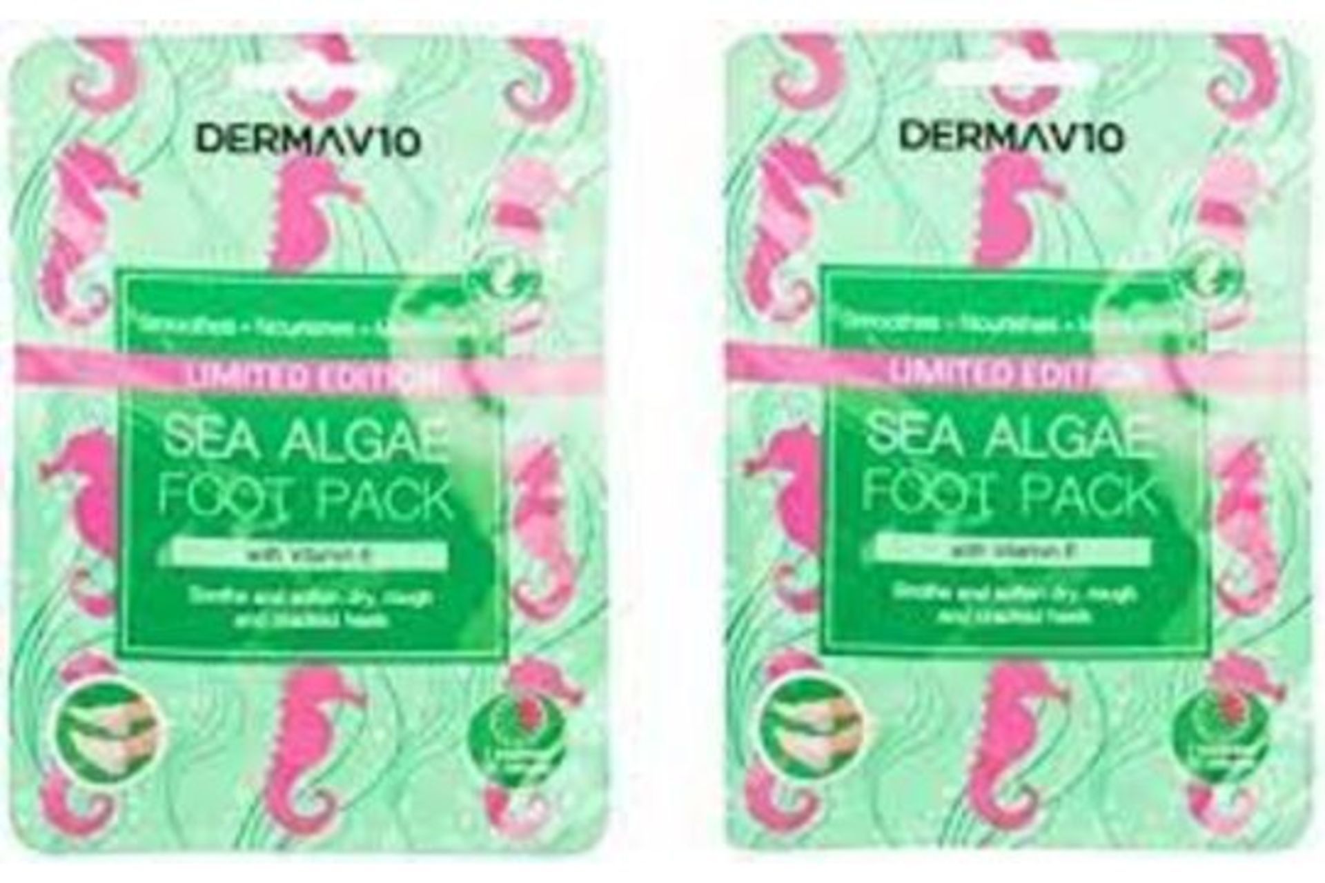 240 X NEW PACKAGED DERMAV10 LIMITED EDITION SEA ALGAE FOOT PACK. WITH VITAMIN E. SOOTHE AND SOFTEN