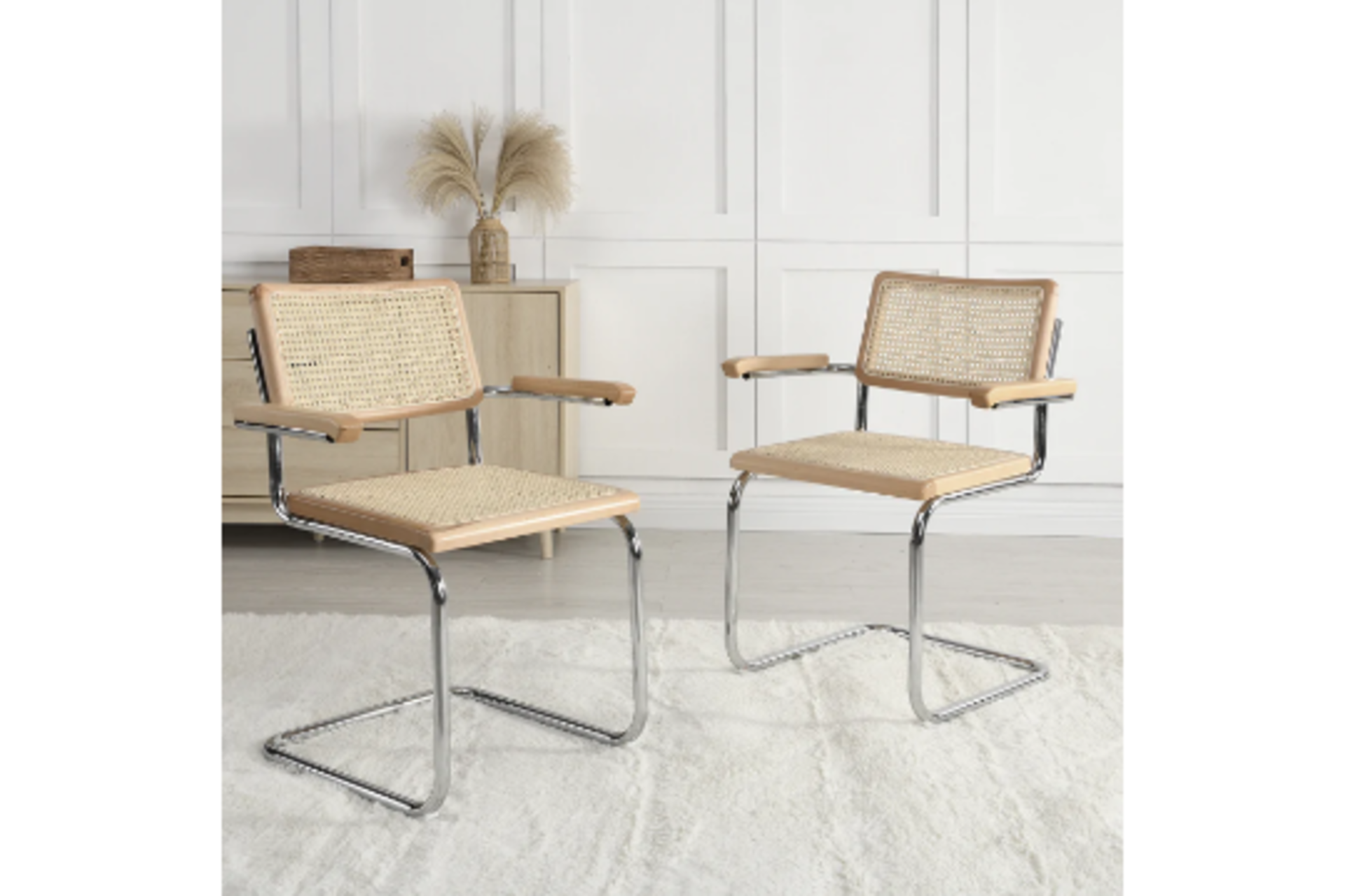 Rayna Pair of 2 Solid Beech Dining Chairs with Armrests, Natural Cane & Chrome (Natural). RRP £299.