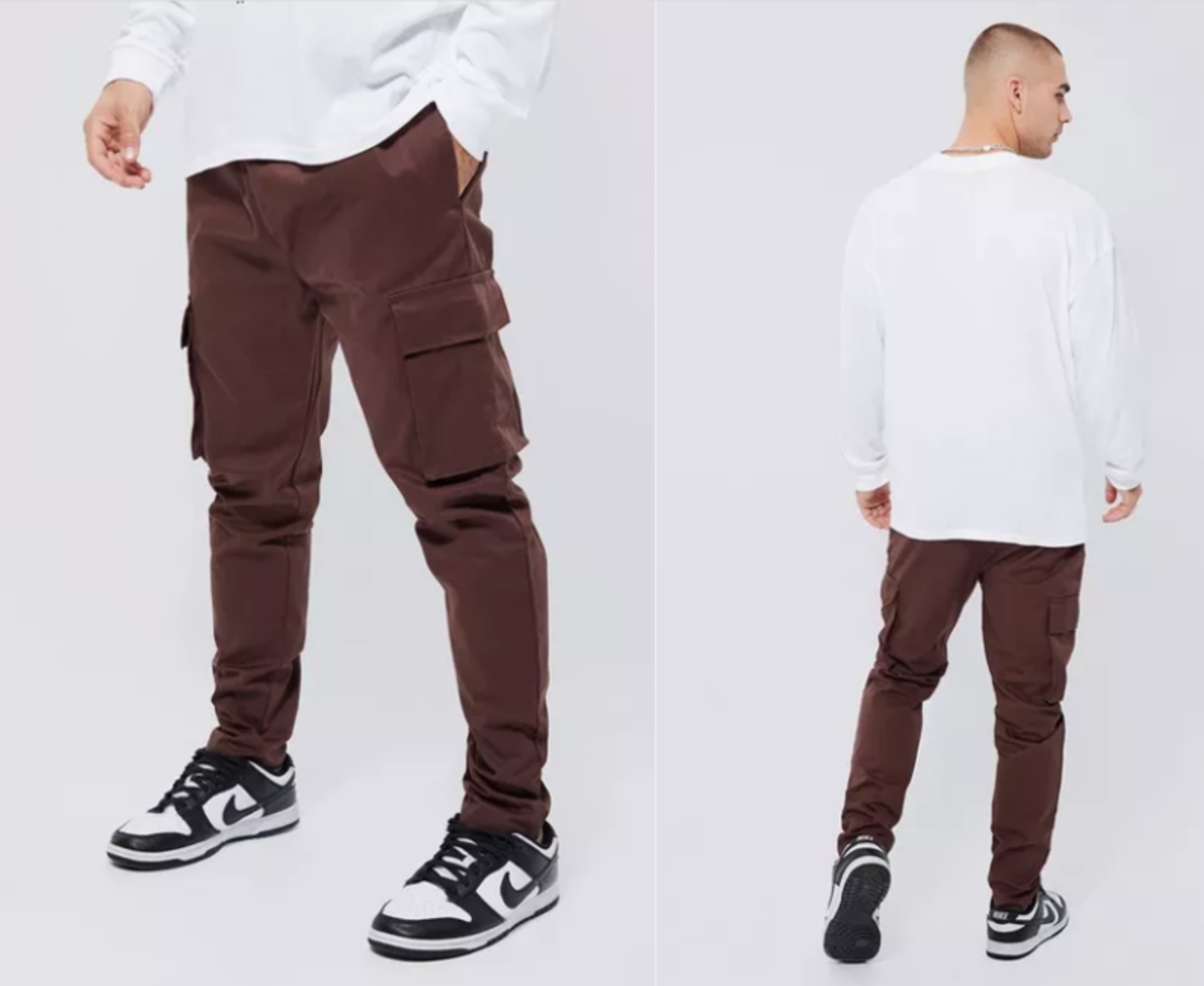 PALLET TO INCLUDE 50 X BRAND NEW BOOHOO CHOCOLATE SKINNY FIT CARGO TROUSERS IN VARIOUS SIZES RRP £22
