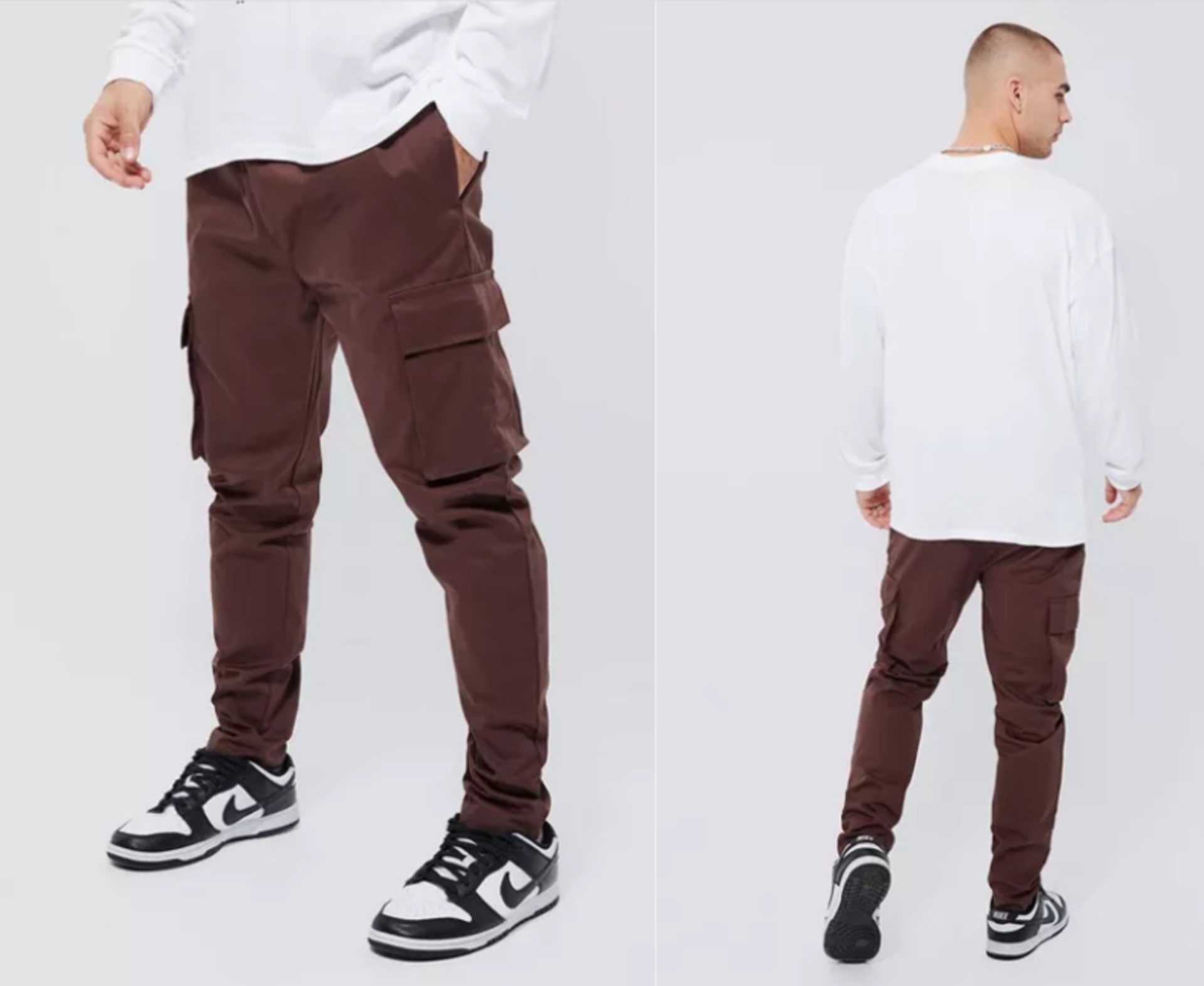 PALLET TO INCLUDE 25 X BRAND NEW BOOHOO CHOCOLATE SKINNY FIT CARGO TROUSERS IN VARIOUS SIZES RRP £22