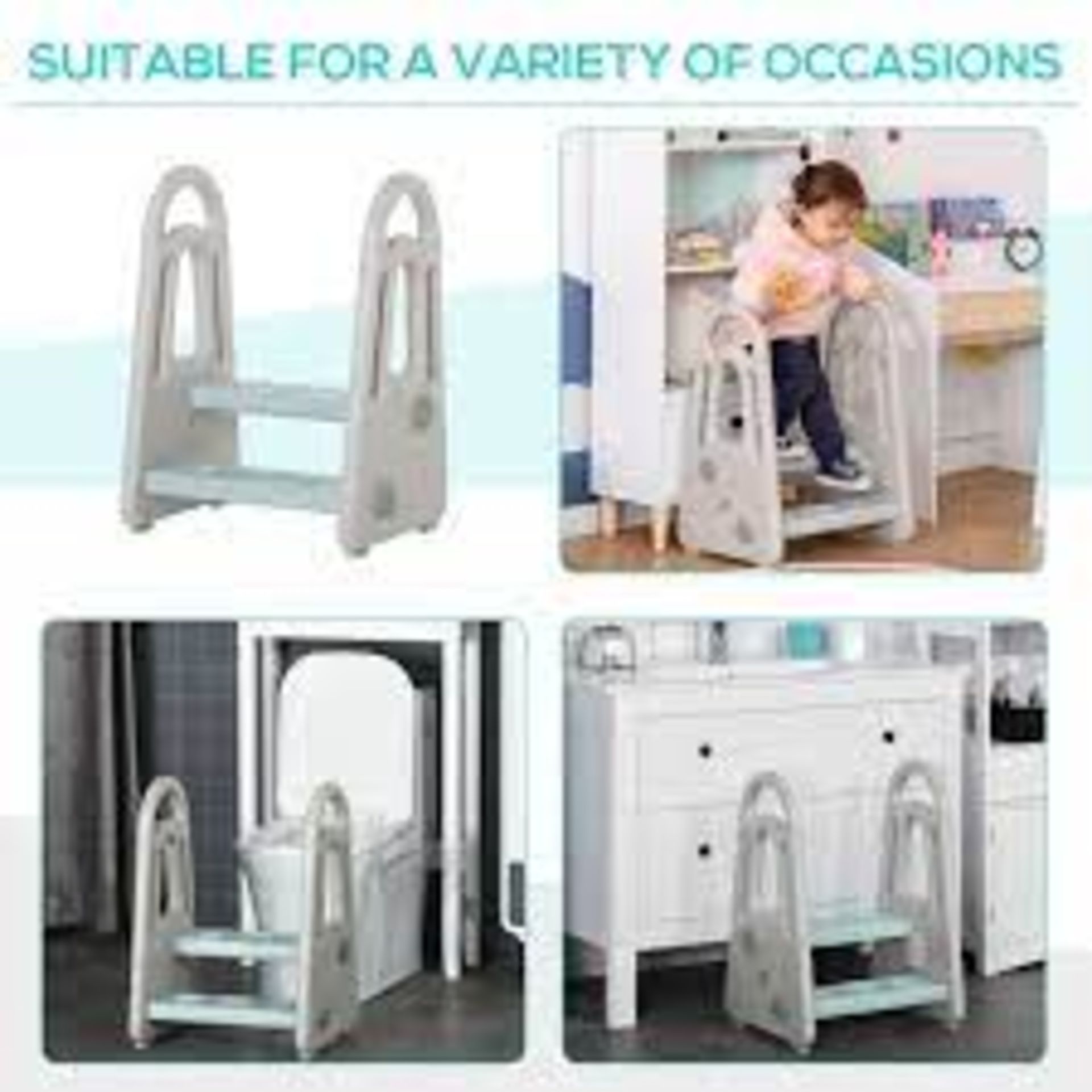 Kids Two-Step Stool with Handles – Blue & Grey. - SR4. STABLE AND DURABLE: A reliable pyramid frame - Image 2 of 2