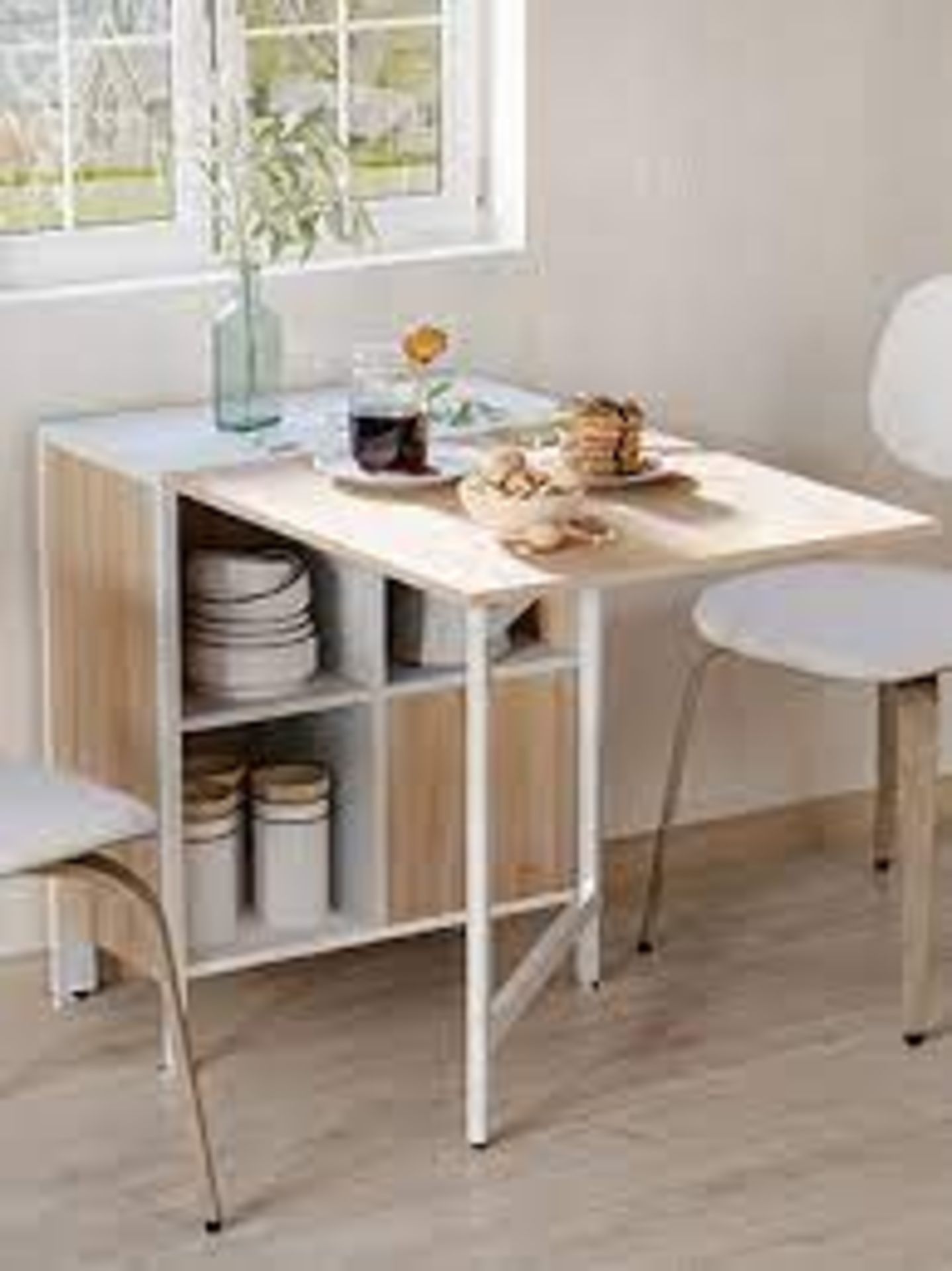 Drop Leaf Table with Storage Shelves-Oak/White Colour. - RRP £289.99. - SR4. Redefine your home or - Image 2 of 2