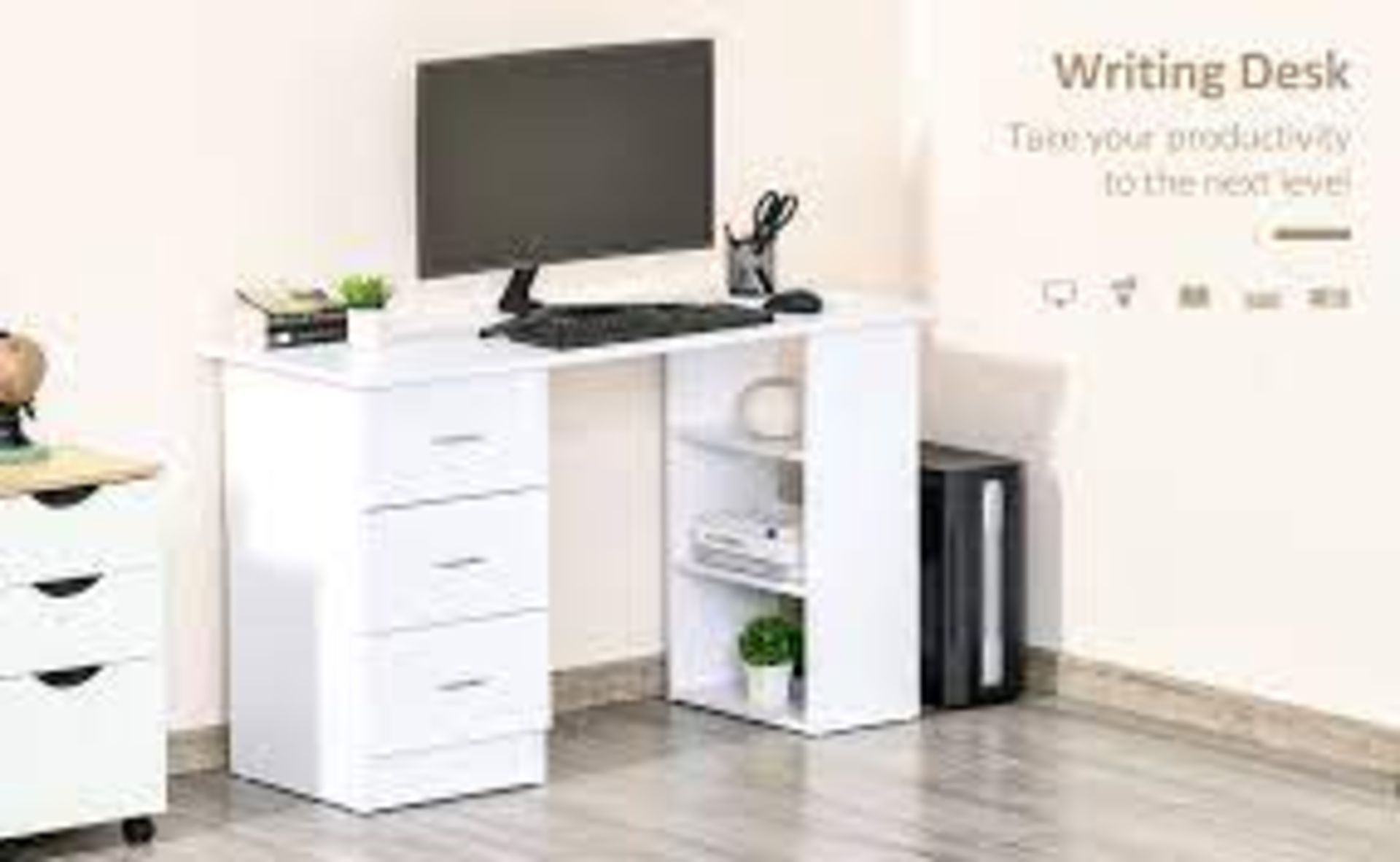 Computer Desk Writing Table PC Workstation Study Laptop Stationery w/ 3 Shelf & Drawers White. - - Image 2 of 2