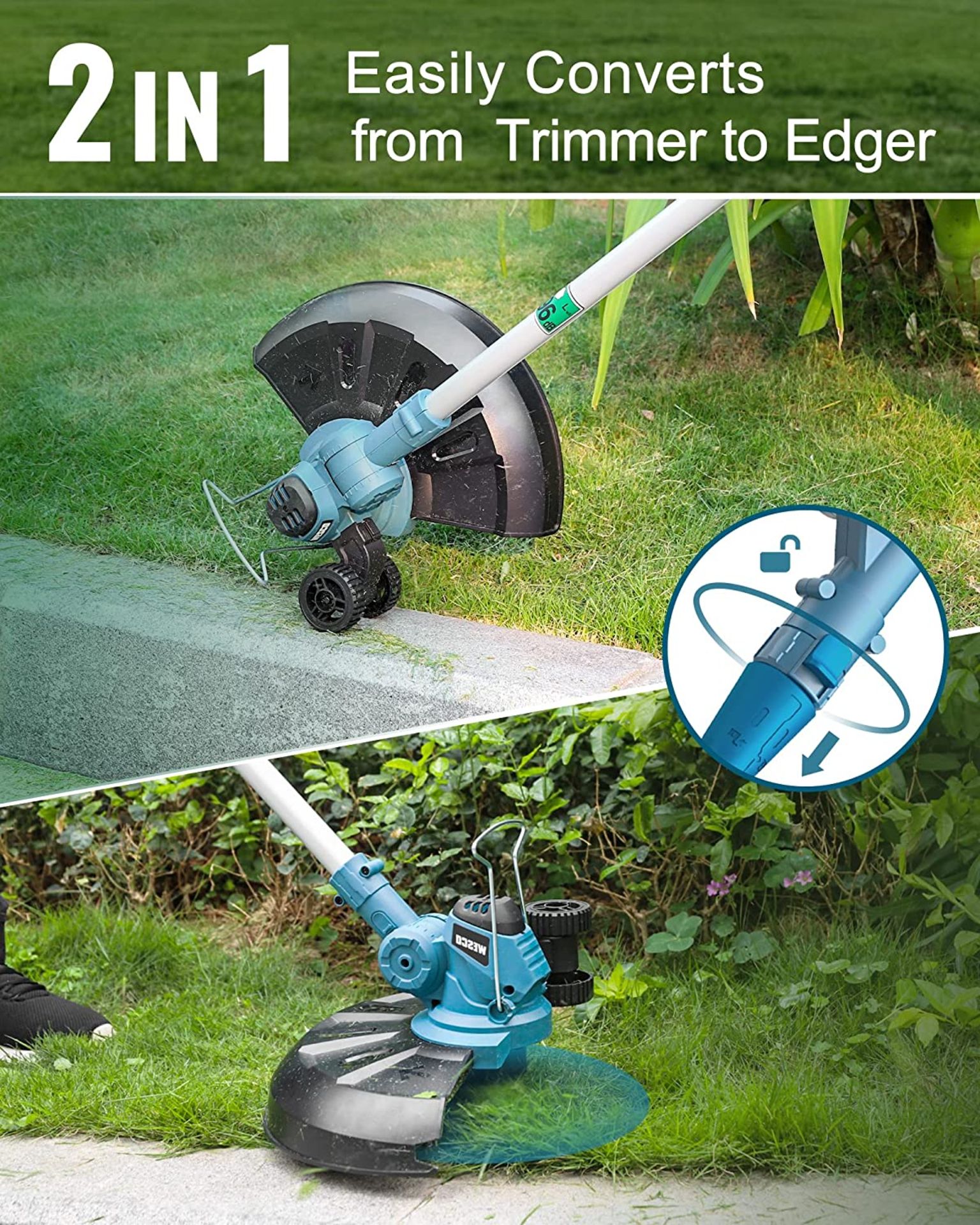 New Boxed WESCO Cordless 2 in 1 Electric String Trimmer/Edger 18V with 2.0Ah Battery, Cutting - Image 2 of 2