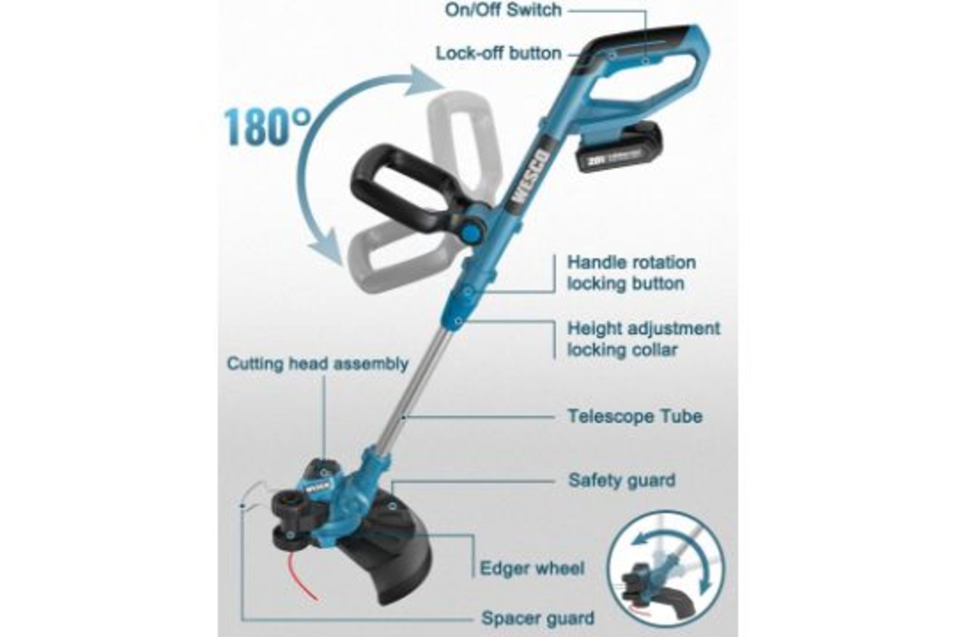 New Boxed WESCO Cordless 2 in 1 Electric String Trimmer/Edger 18V with 2.0Ah Battery, Cutting - Image 2 of 2