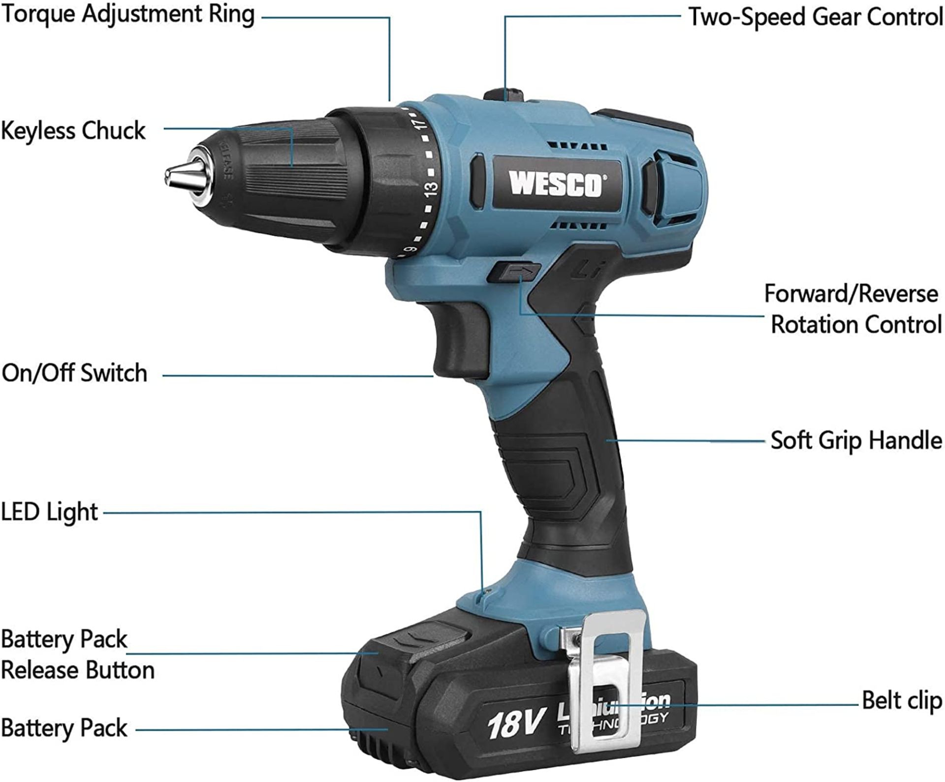 TRADE LOT 4 X NEW BOXED WESCO Cordless Drill, WESCO 18V 2.0Ah Power Combi Drill Kit with Li-ion - Image 2 of 3