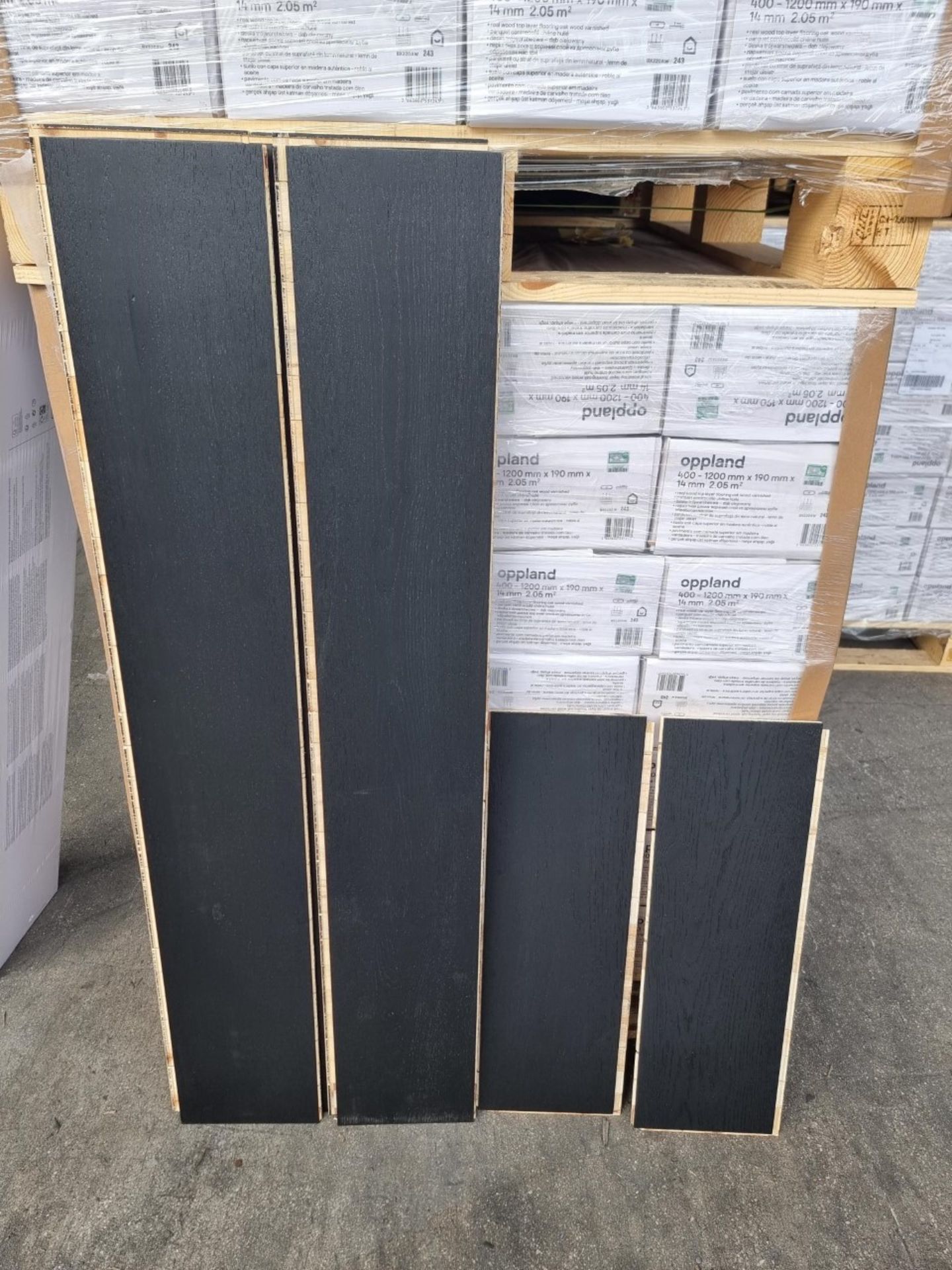 PALLET TO CONTAIN 28 X NEW SEALED PACKS OF Opplend Black Oak Real Wood Top layer Flooring. Each pack