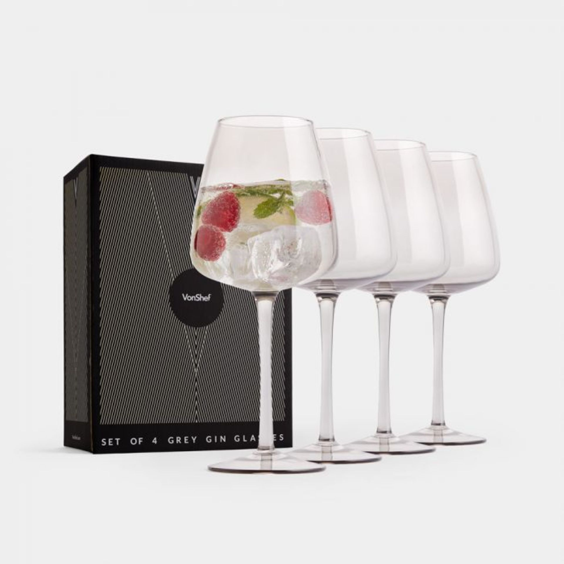 6 x New & Boxed Set of 4 Grey Tinted Gin Glasses. (1000350). Drink from tinted glass luxury with our